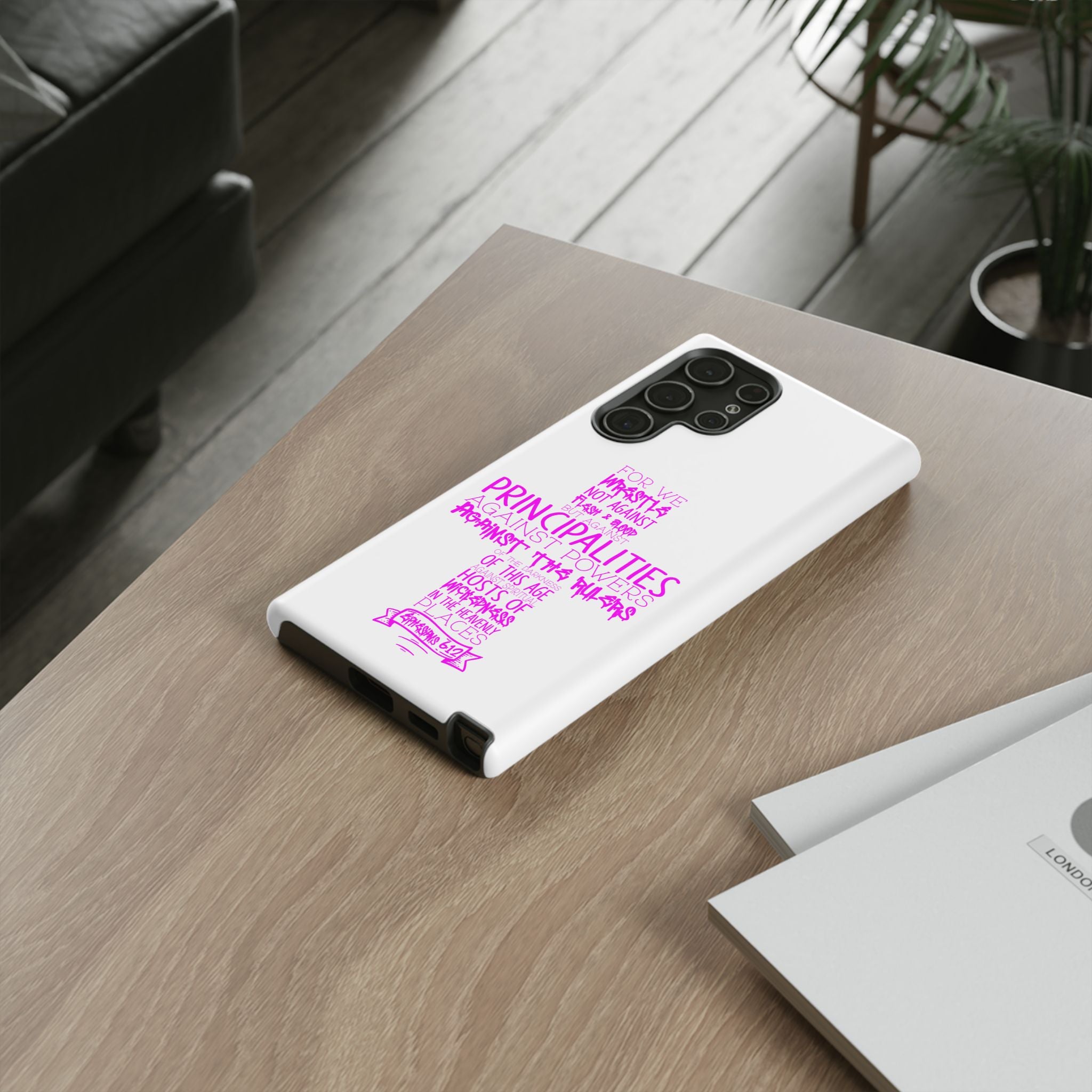 Armor of God Christian Cross Phone Case — Ephesians 6:12 Pink Typography Tough Case