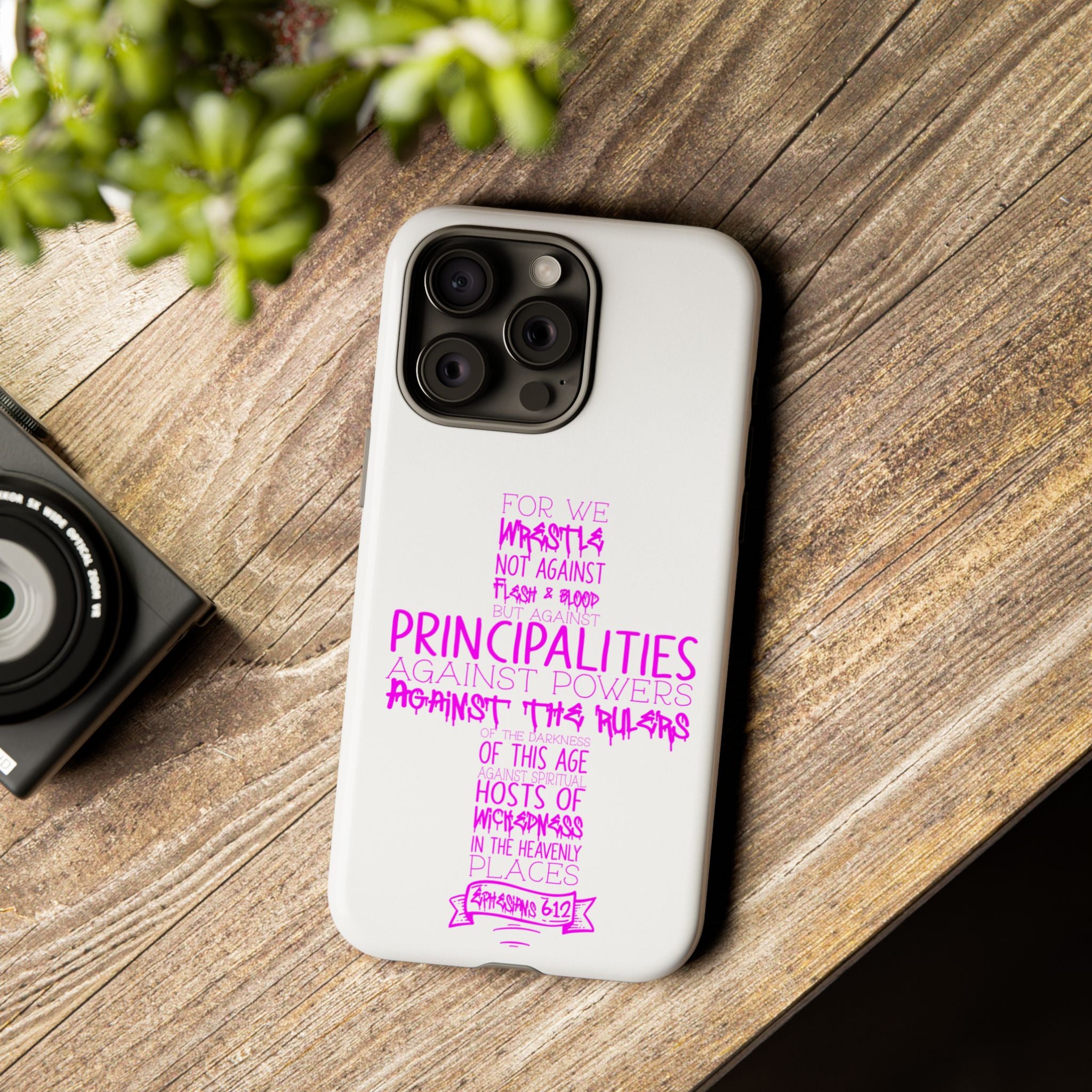 Armor of God Christian Cross Phone Case — Ephesians 6:12 Pink Typography Tough Case