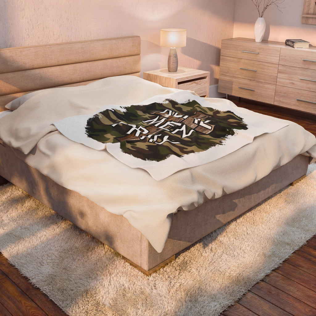 Velveteen Plush Blanket - Camouflage 'Real Men Pray' Cross Christian Throw
