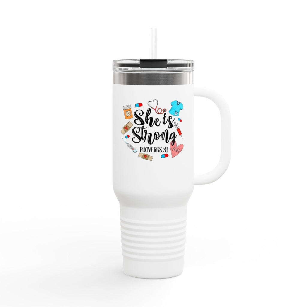 40oz Insulated Travel Mug — “She Is Strong” Nurse/Healthcare Proverbs 31 Woman Tumbler