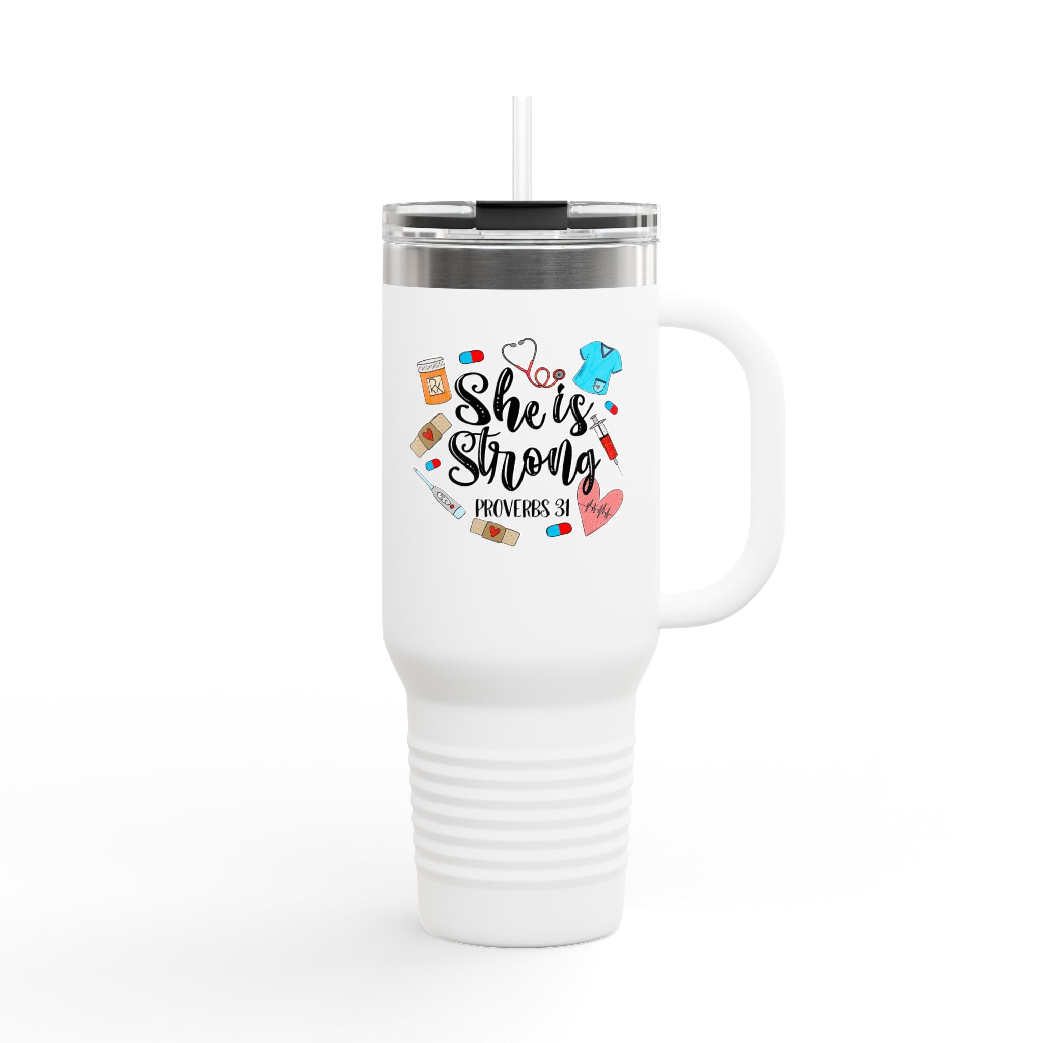40oz Insulated Travel Mug — “She Is Strong” Nurse/Healthcare Proverbs 31 Woman Tumbler