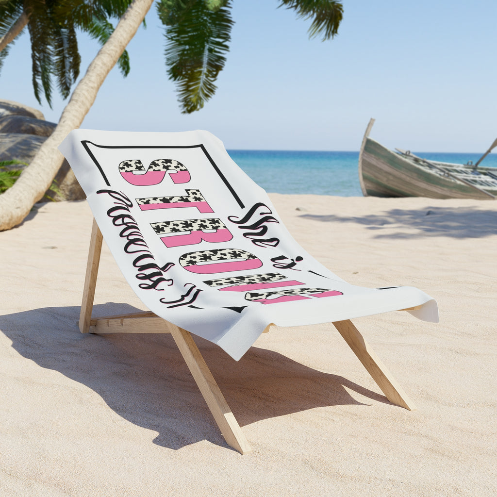 She Is Strong Beach Towel – Proverbs 31 Inspirational Pink Cow Print