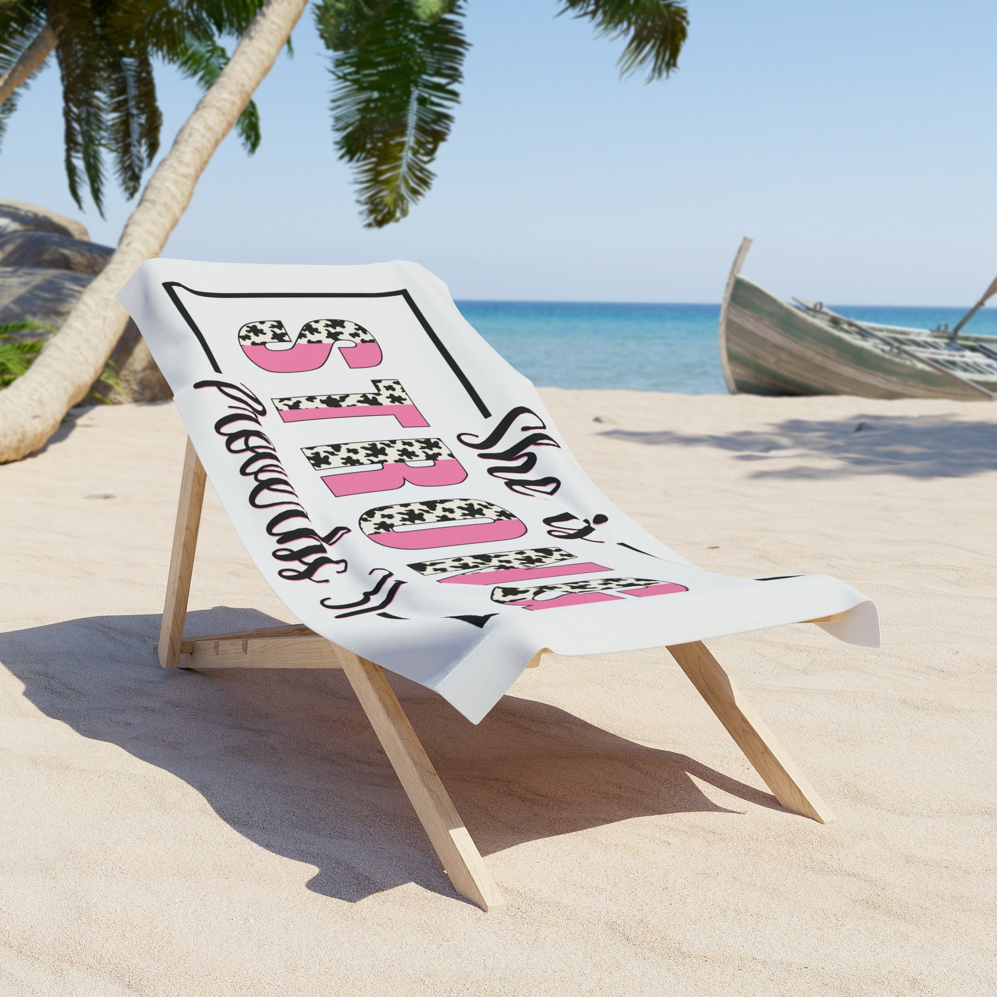 She Is Strong Beach Towel – Proverbs 31 Inspirational Pink Cow Print