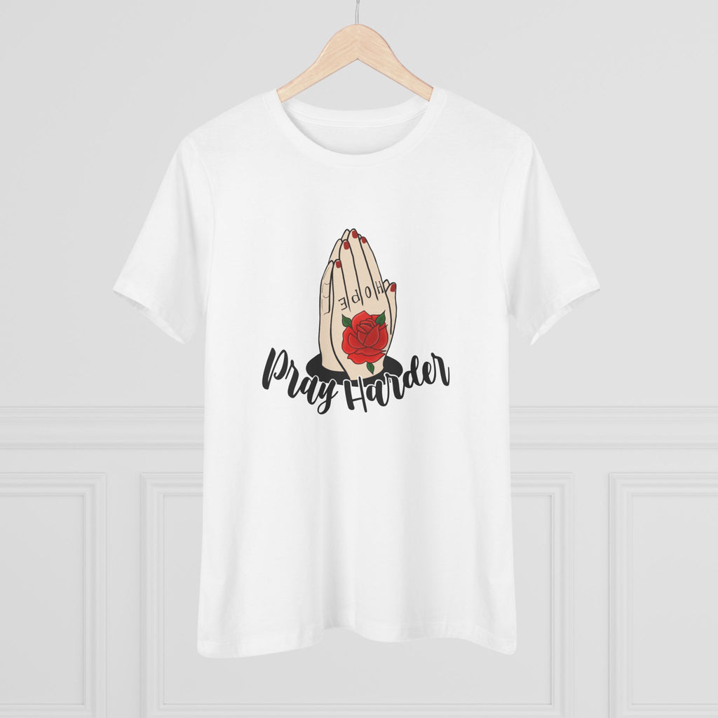 Pray Harder Women's Tee — Praying Hands with Rose Christian Inspirational Shirt