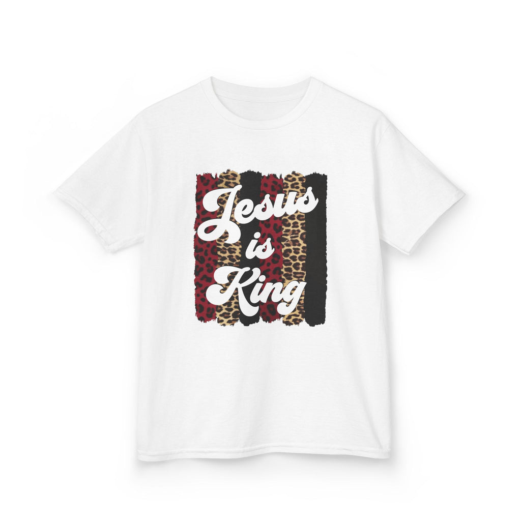 Kids Tee — "Jesus is King" Leopard & Plaid Christian Graphic