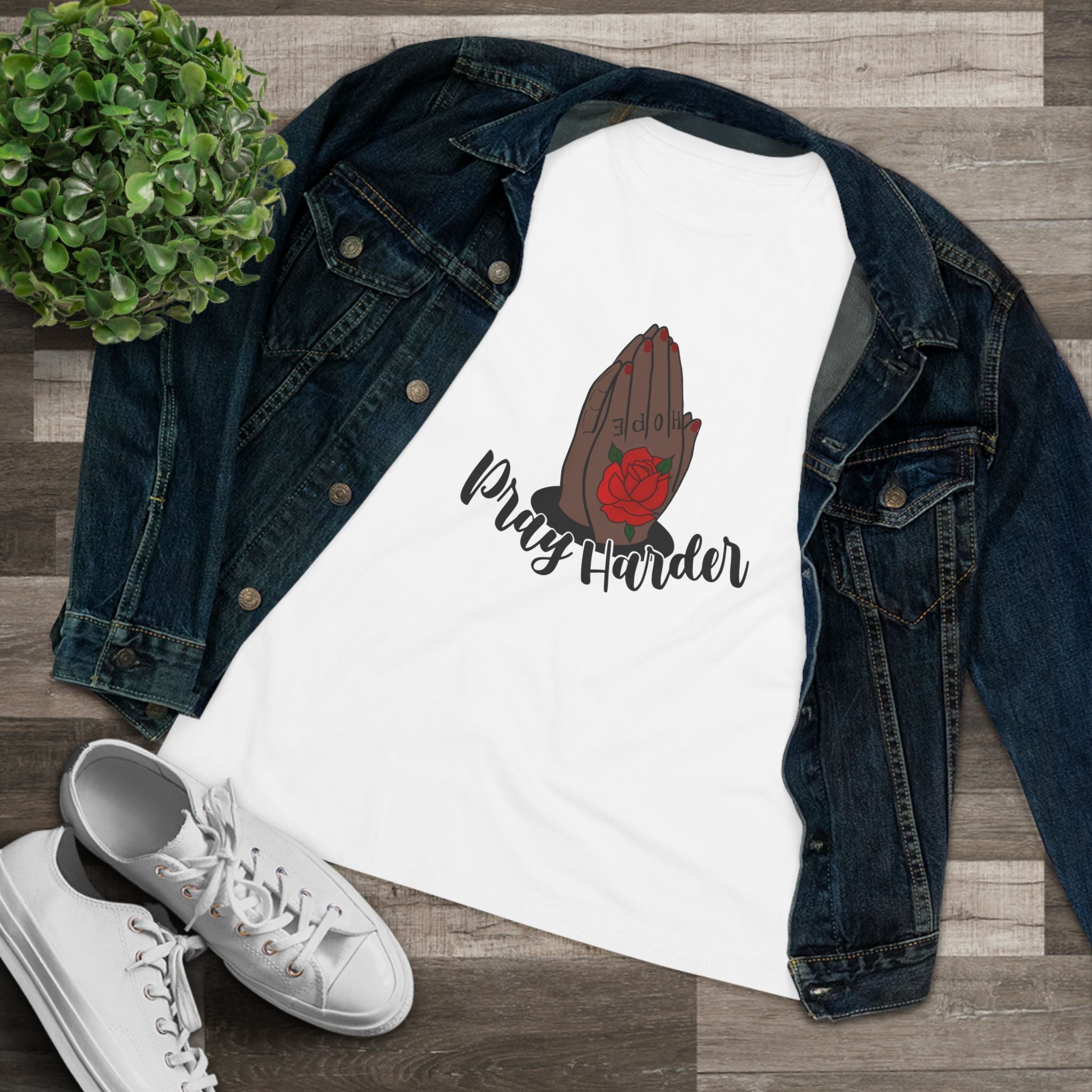Pray Harder Women's Tee — Praying Hands with Red Rose Spiritual Christian Shirt