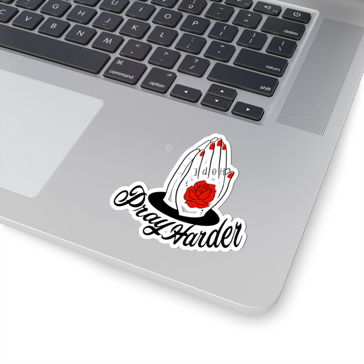 Pray Harder Kiss-Cut Sticker — Red Rose Praying Hands Vinyl Sticker
