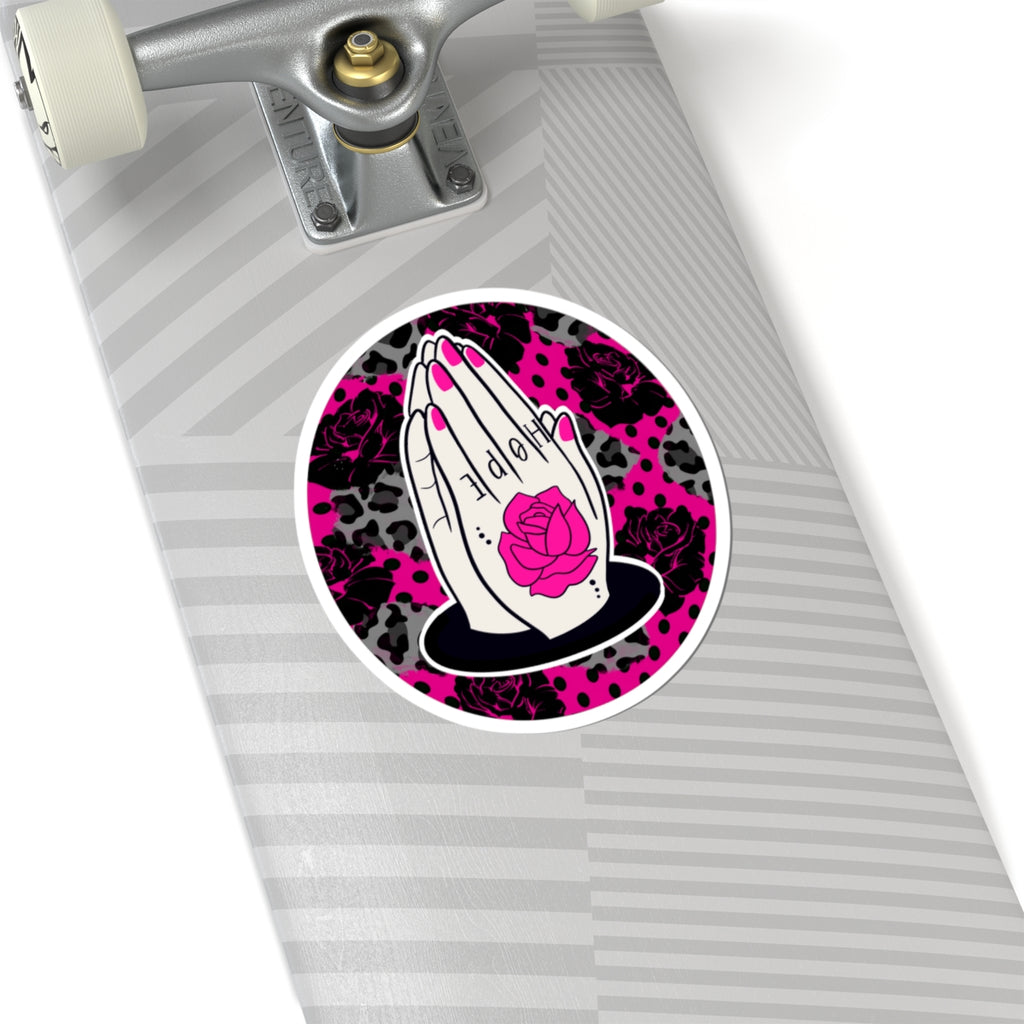Praying Hands Rose Sticker — Pink Leopard Kiss-Cut Vinyl Sticker
