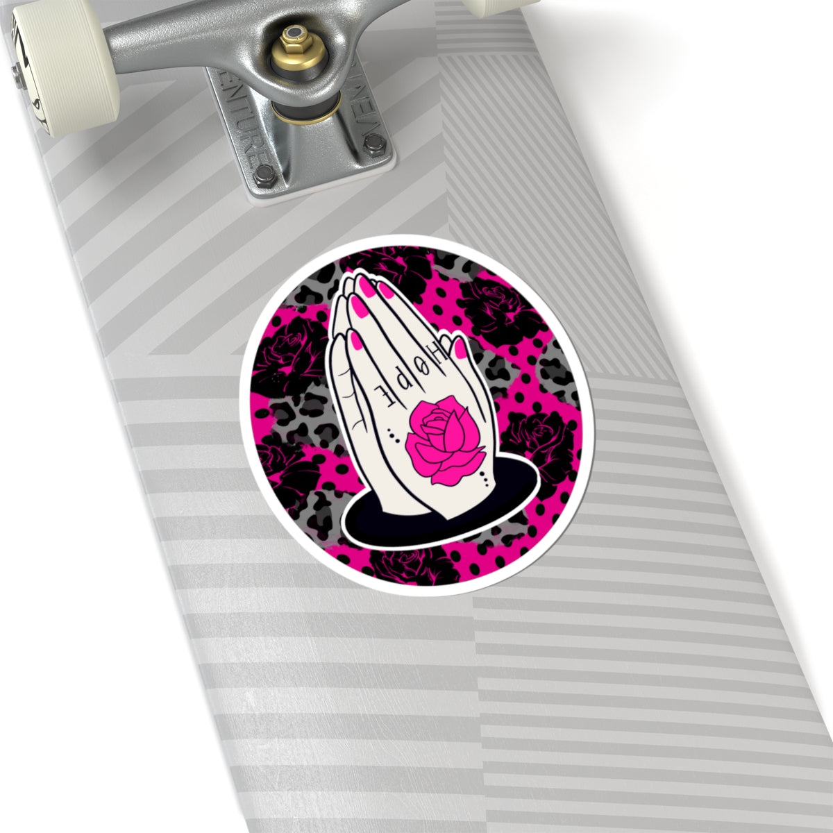 Praying Hands Rose Sticker — Pink Leopard Kiss-Cut Vinyl Sticker