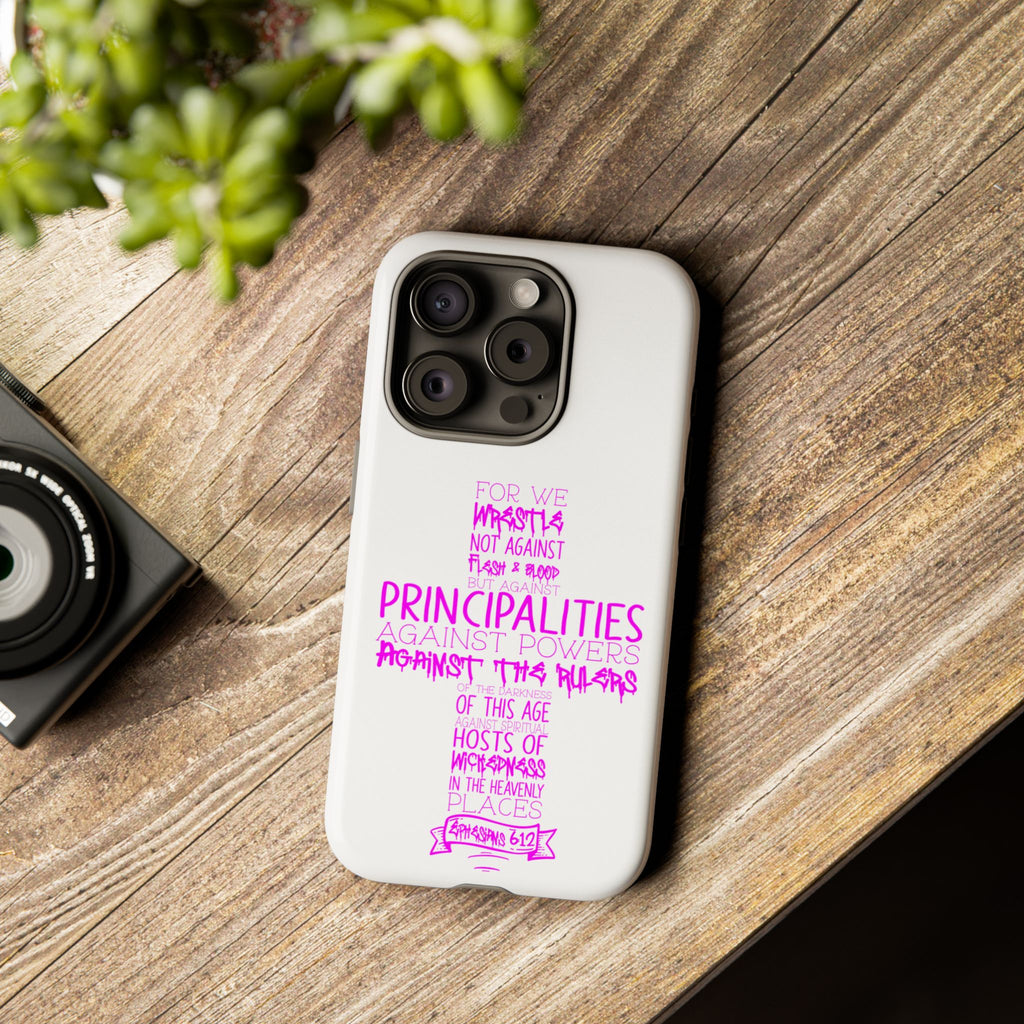 Armor of God Christian Cross Phone Case — Ephesians 6:12 Pink Typography Tough Case