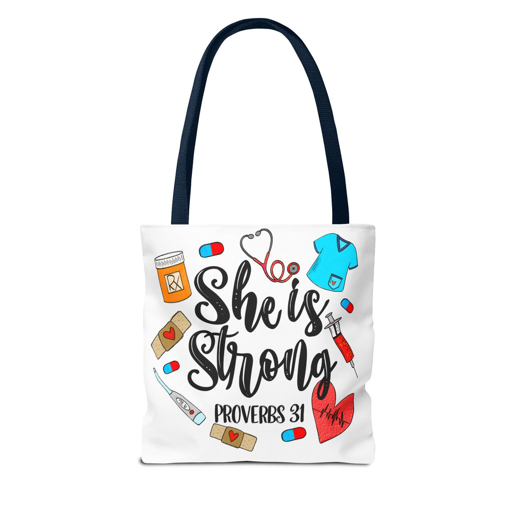 She Is Strong Tote Bag - Proverbs 31 Nurse & Healthcare Inspirational Canvas Tote
