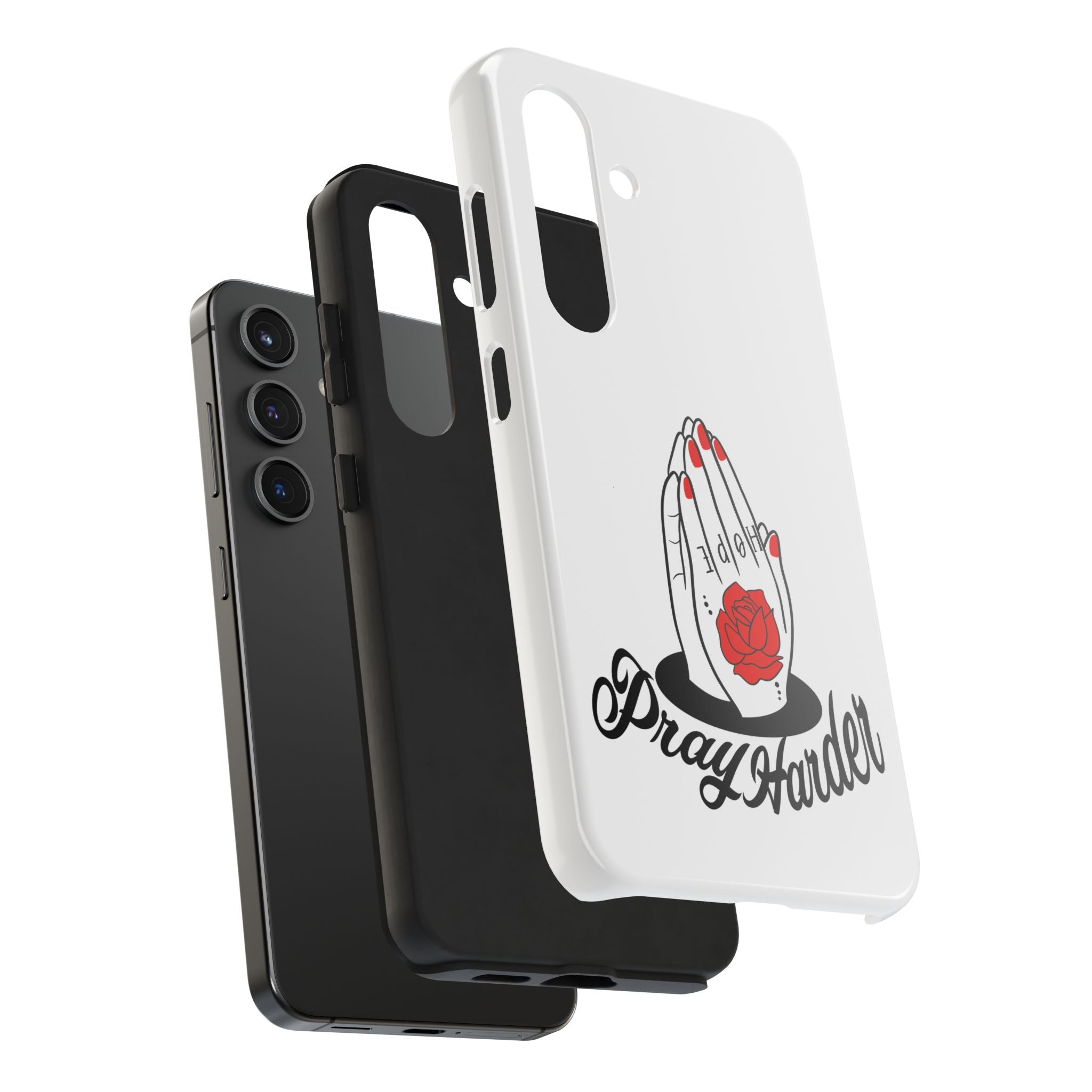 Pray Harder Phone Case — Tough Protective Phone Cover with Praying Hands & Rose Design