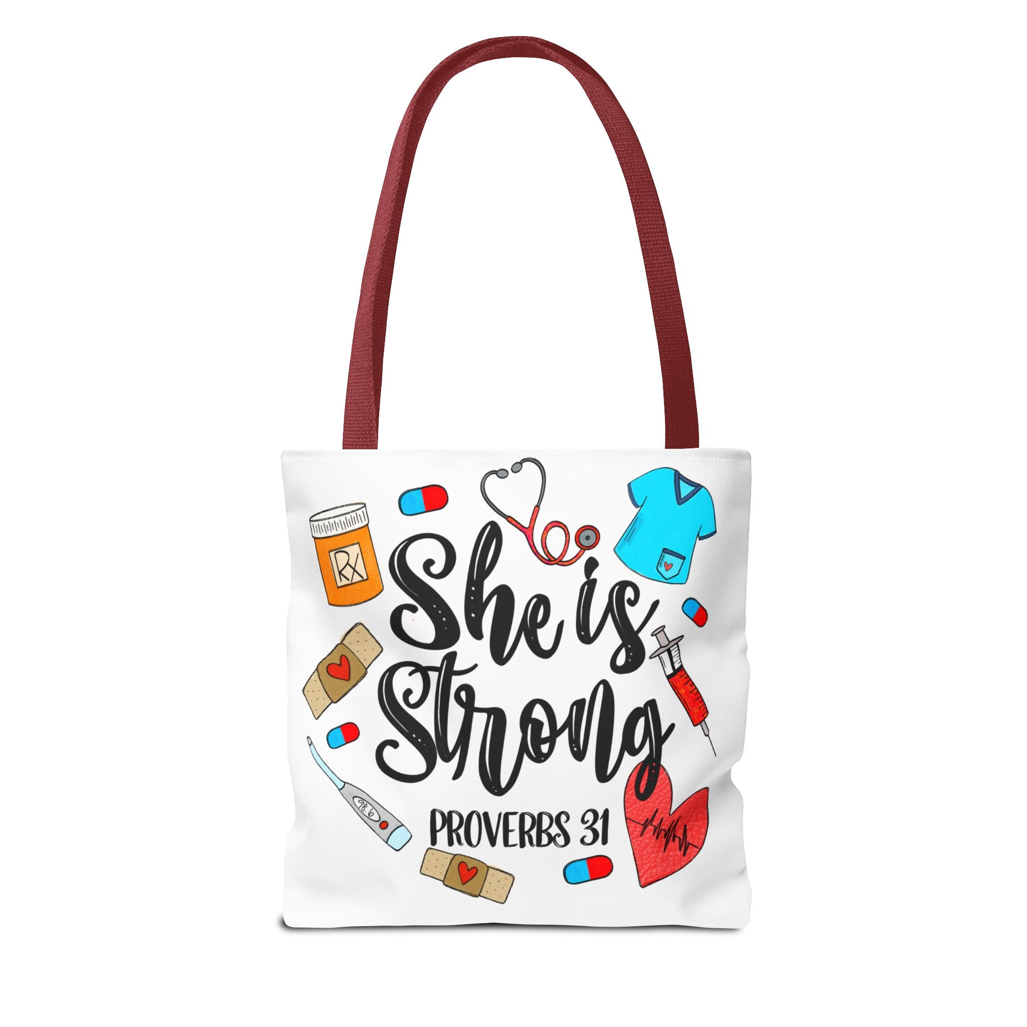 She Is Strong Tote Bag - Proverbs 31 Nurse & Healthcare Inspirational Canvas Tote