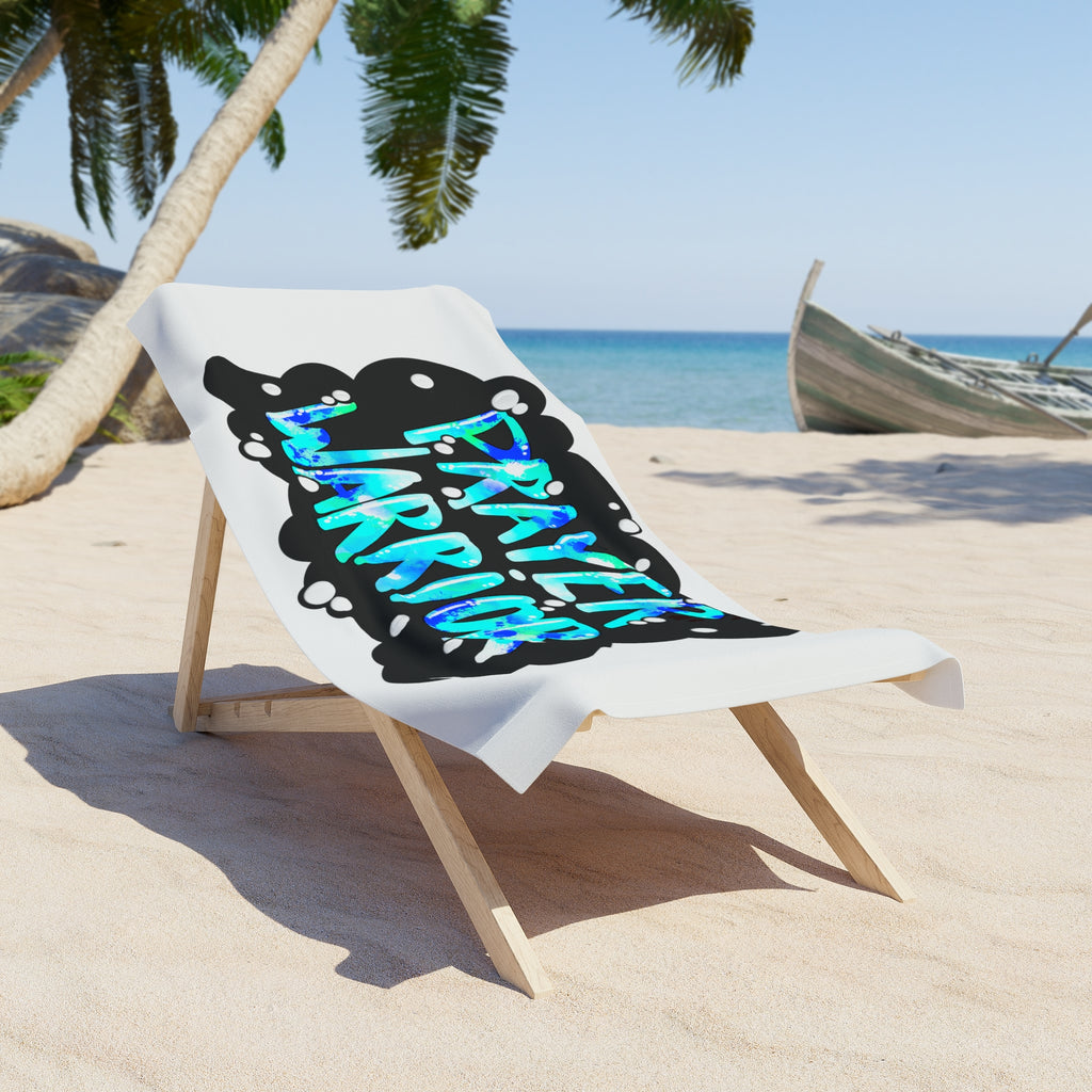 Prayer Warrior Beach Towel — Bold Aqua Typography Christian Faith Towel