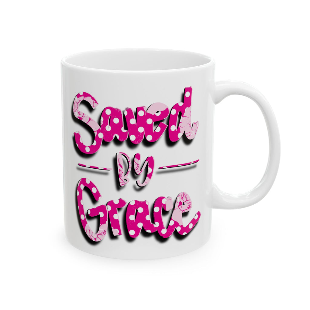 Pink Retro Script 'Saved by Grace' Ceramic Mug – 11oz & 15oz