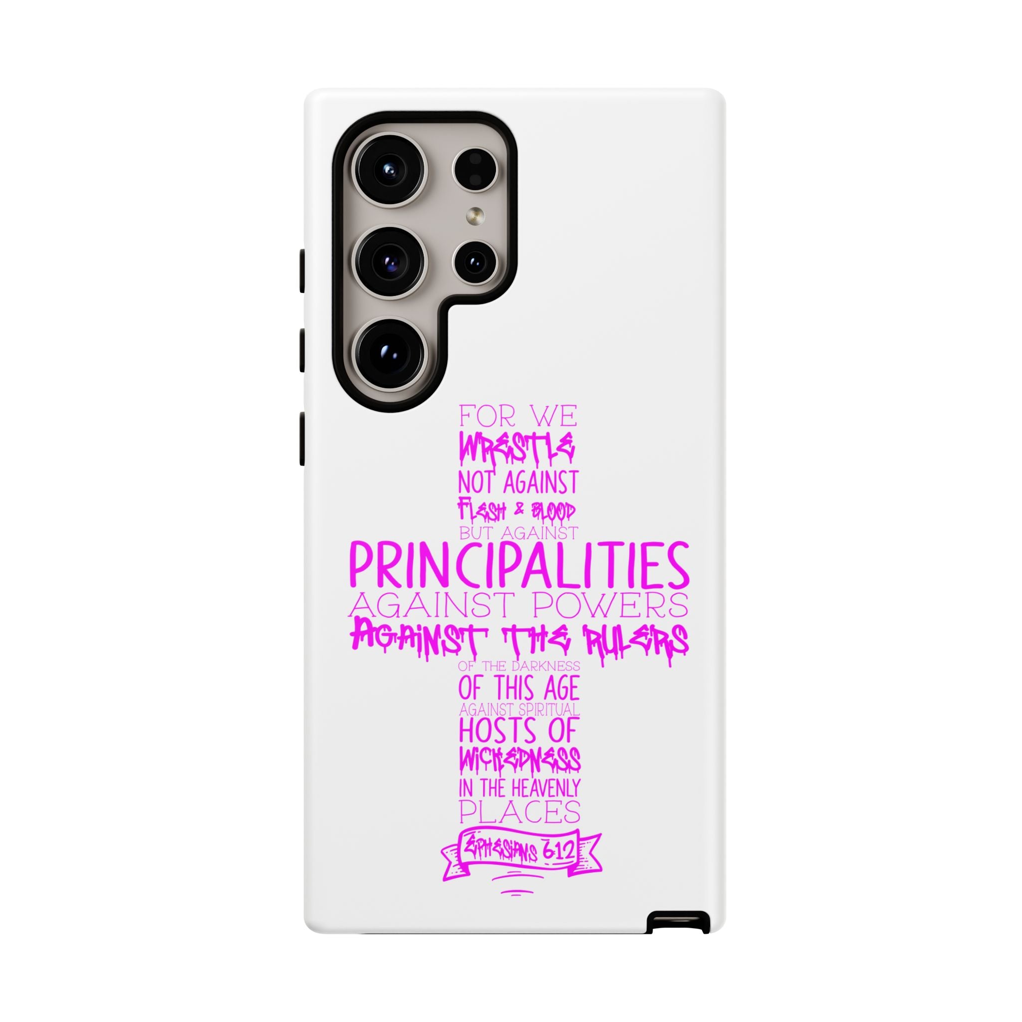 Armor of God Christian Cross Phone Case — Ephesians 6:12 Pink Typography Tough Case