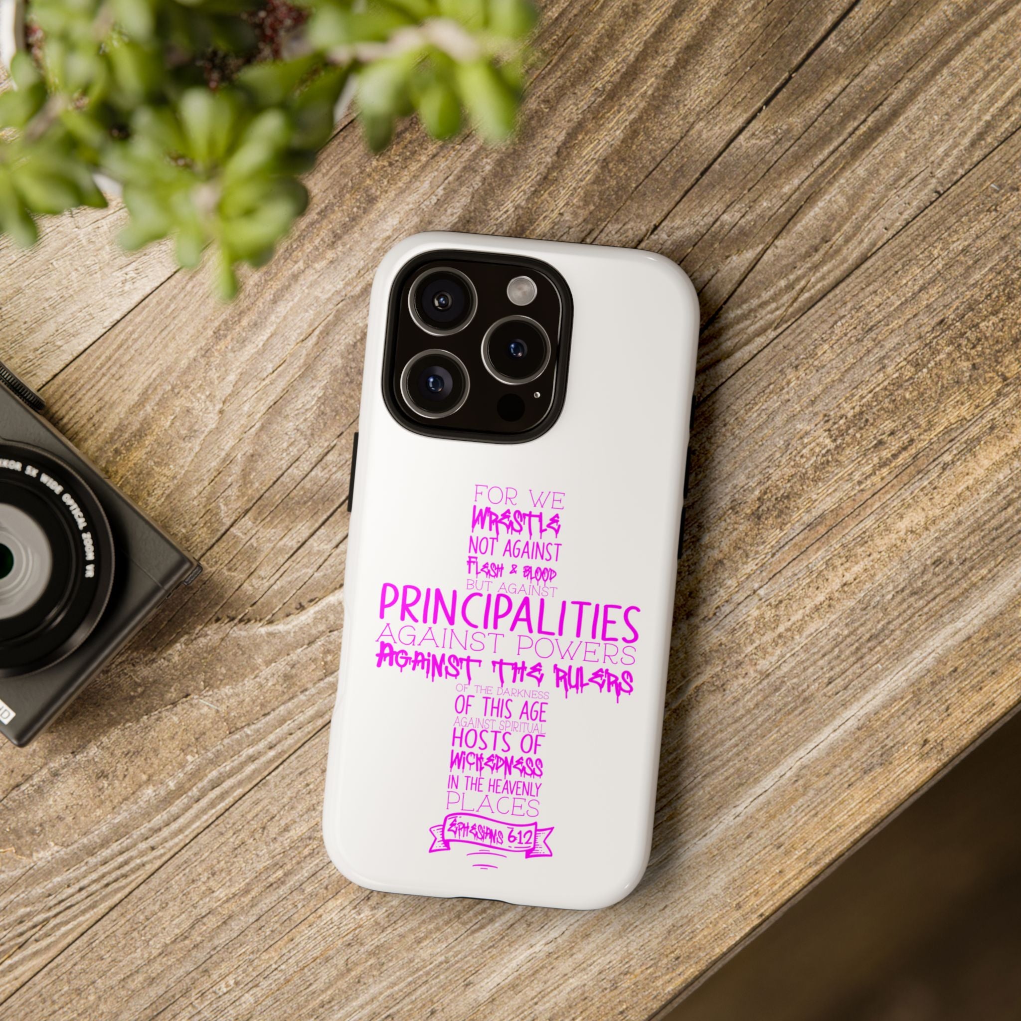 Armor of God Christian Cross Phone Case — Ephesians 6:12 Pink Typography Tough Case
