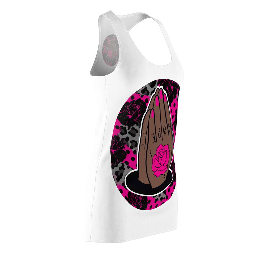 Racerback Dress — Praying Hands ‘Hope’ with Pink Rose & Leopard Print