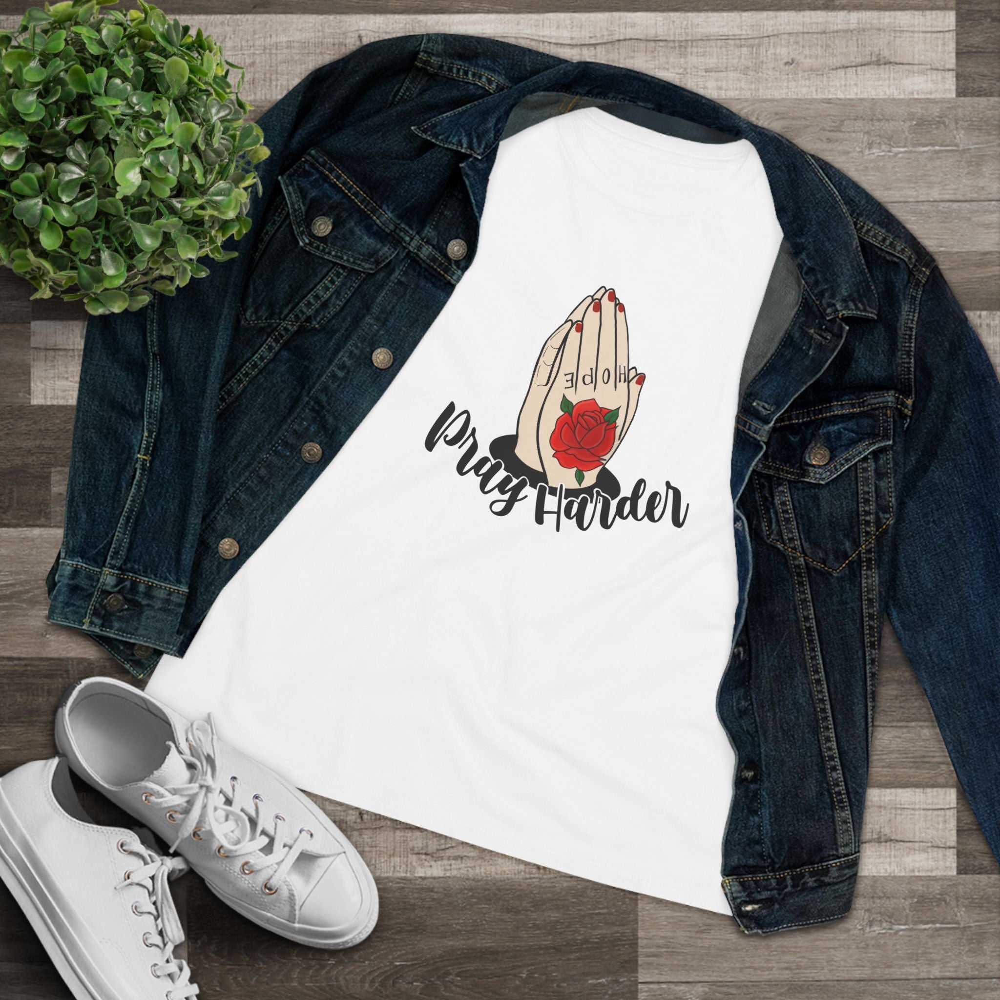 Pray Harder Women's Tee — Praying Hands with Rose Christian Inspirational Shirt