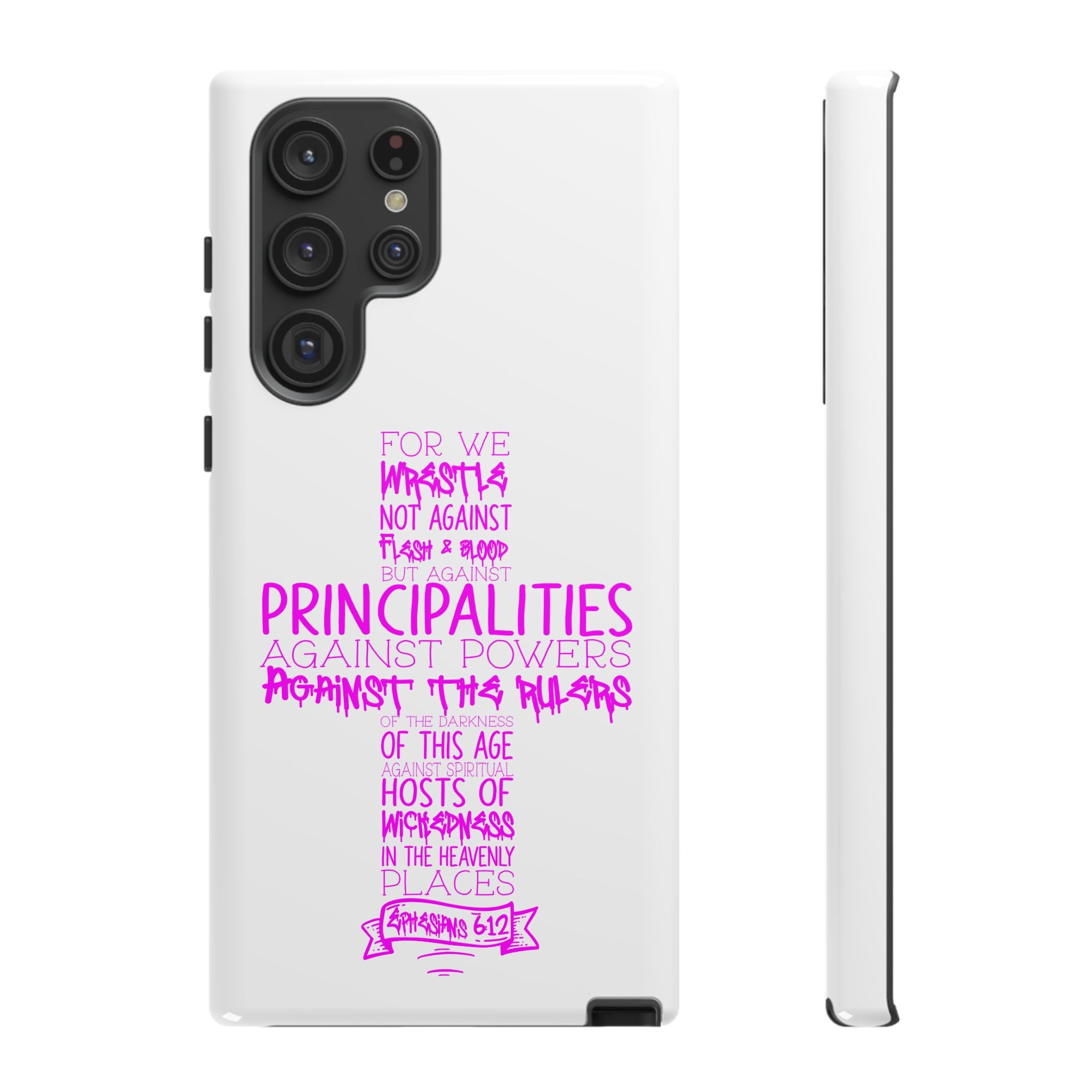 Armor of God Christian Cross Phone Case — Ephesians 6:12 Pink Typography Tough Case