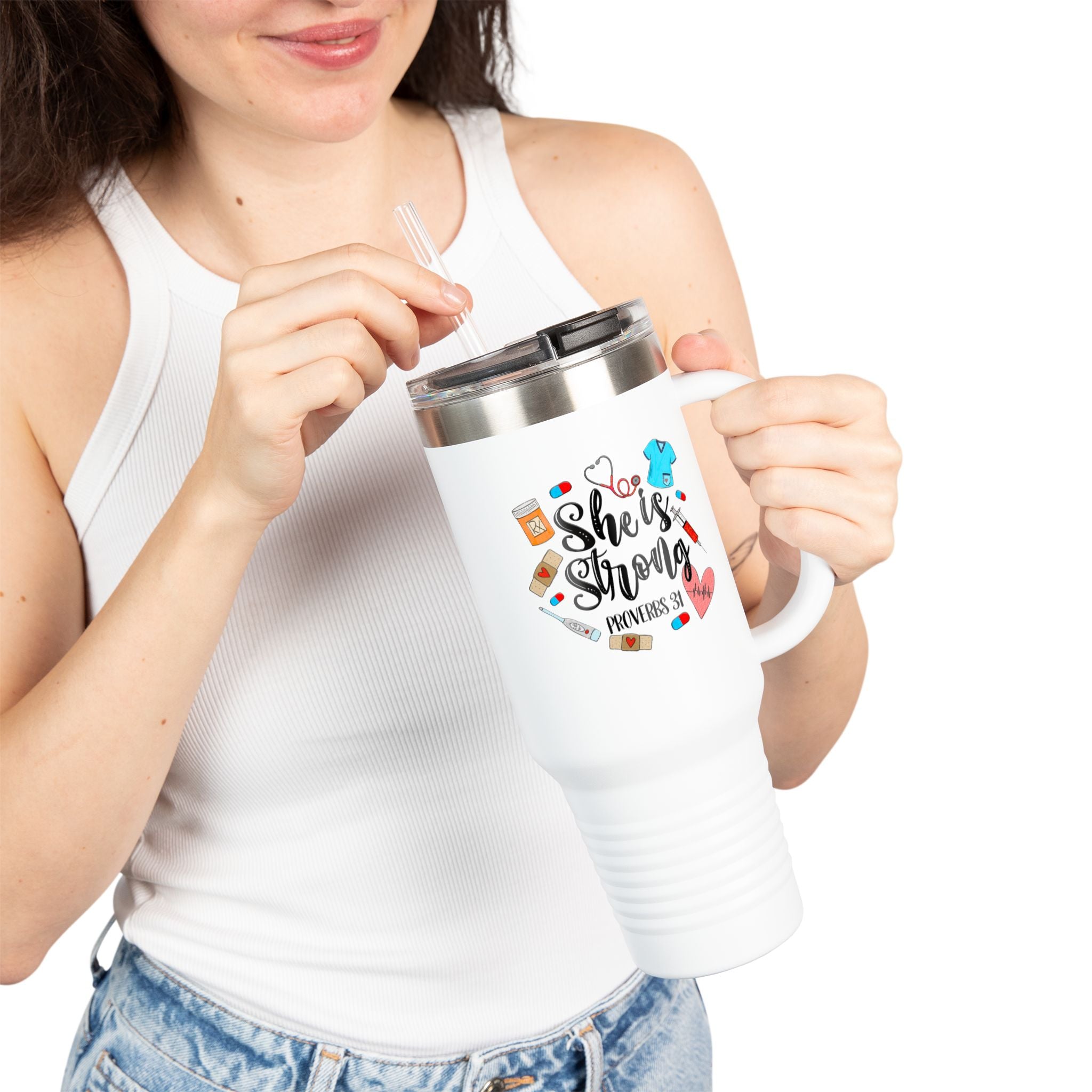 40oz Insulated Travel Mug — “She Is Strong” Nurse/Healthcare Proverbs 31 Woman Tumbler