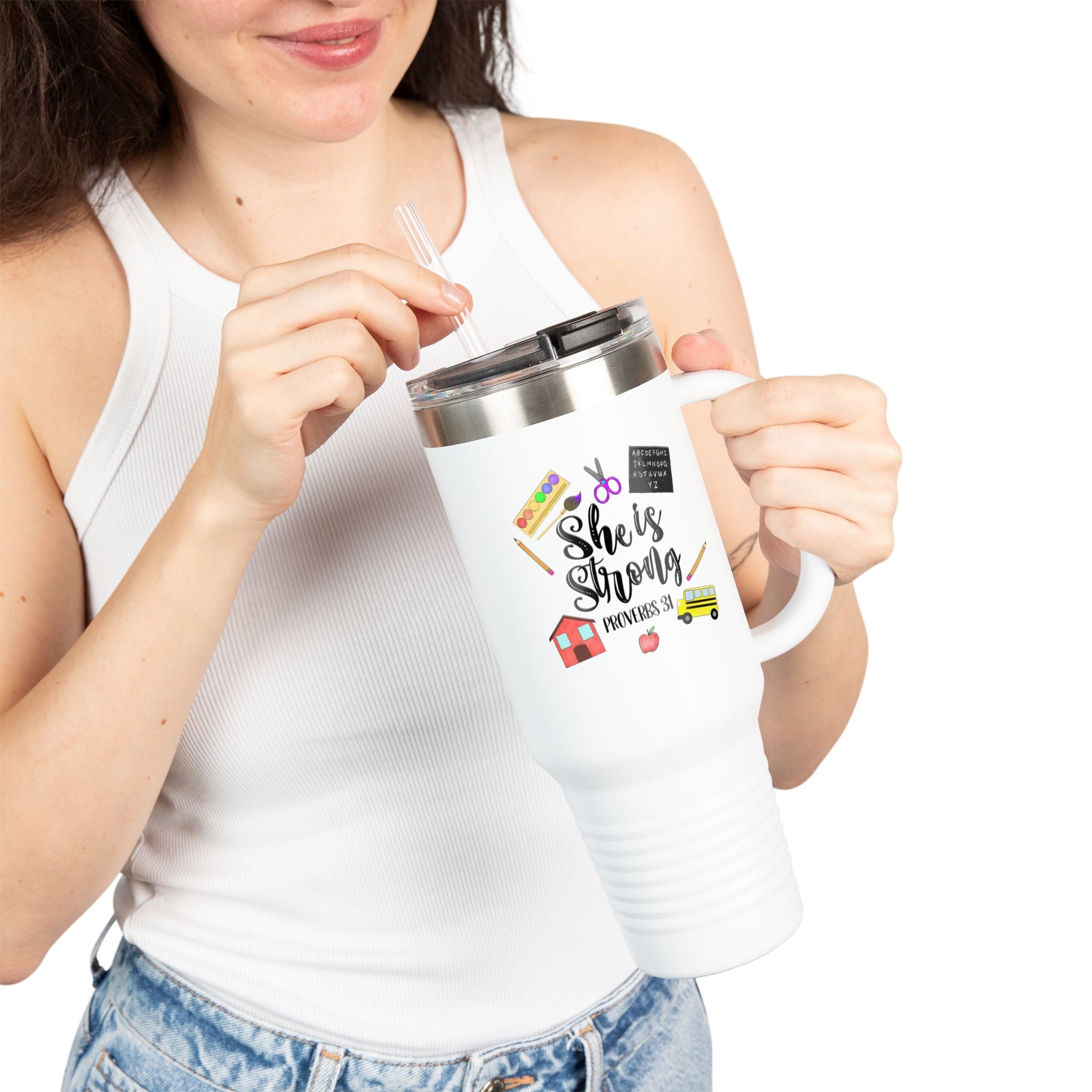 Teacher Appreciation 40oz Insulated Travel Mug — "She is Strong" School-Themed Tumbler