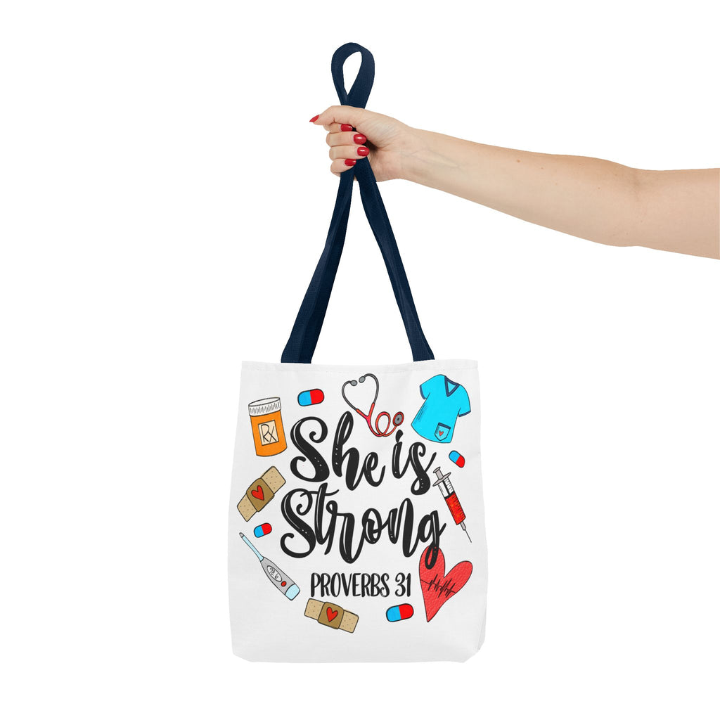 She Is Strong Tote Bag - Proverbs 31 Nurse & Healthcare Inspirational Canvas Tote