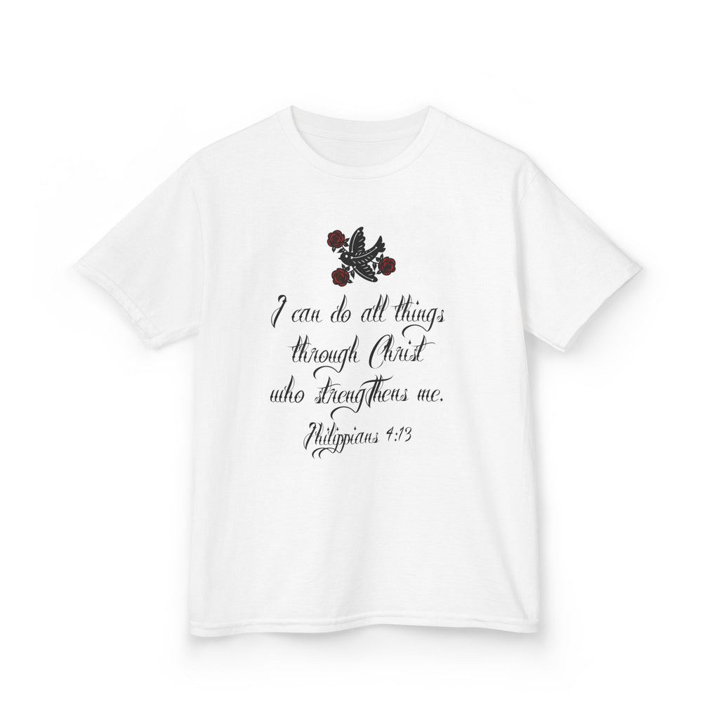 Kids Tee — "I can do all things through Christ" Scripture Floral Christian Shirt