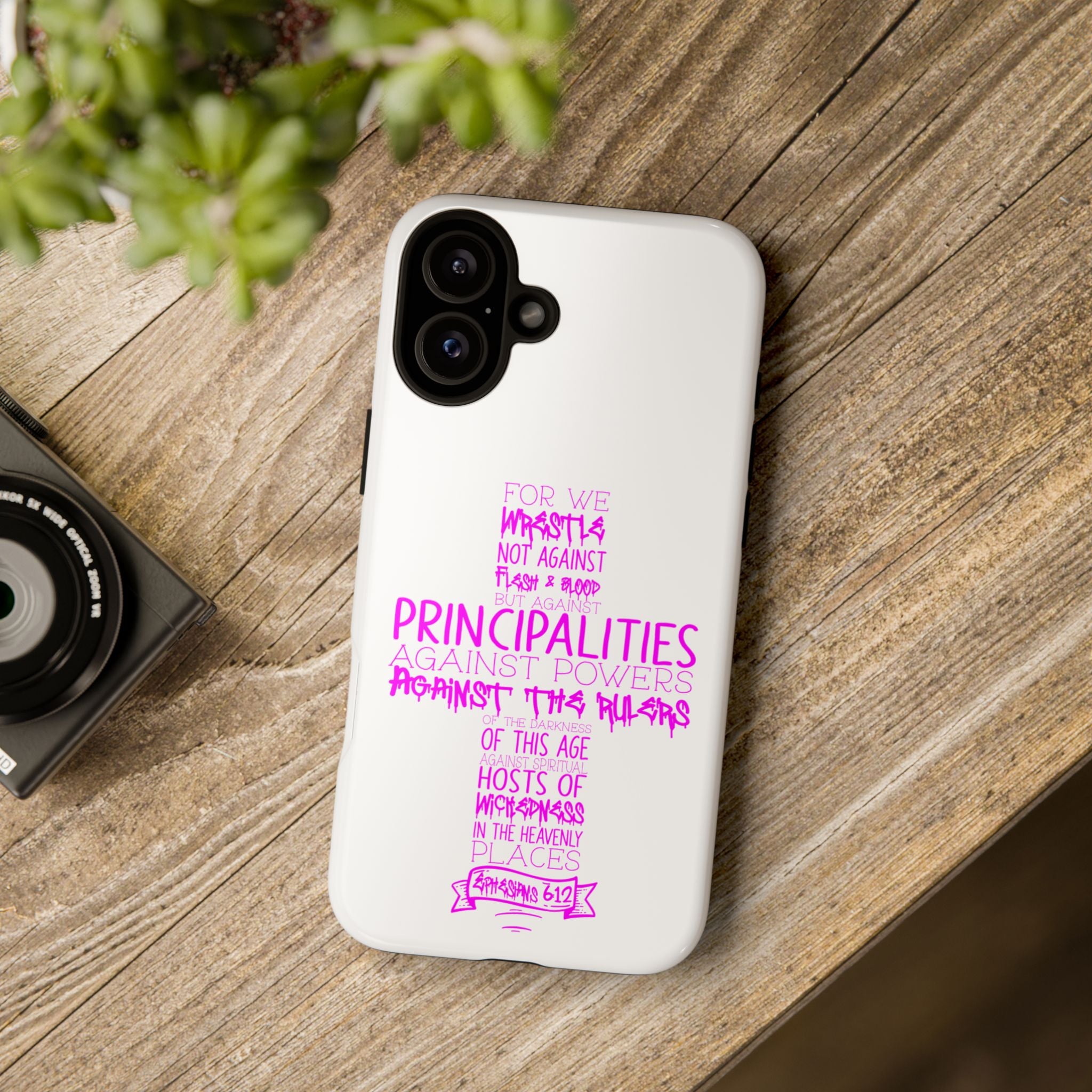 Armor of God Christian Cross Phone Case — Ephesians 6:12 Pink Typography Tough Case