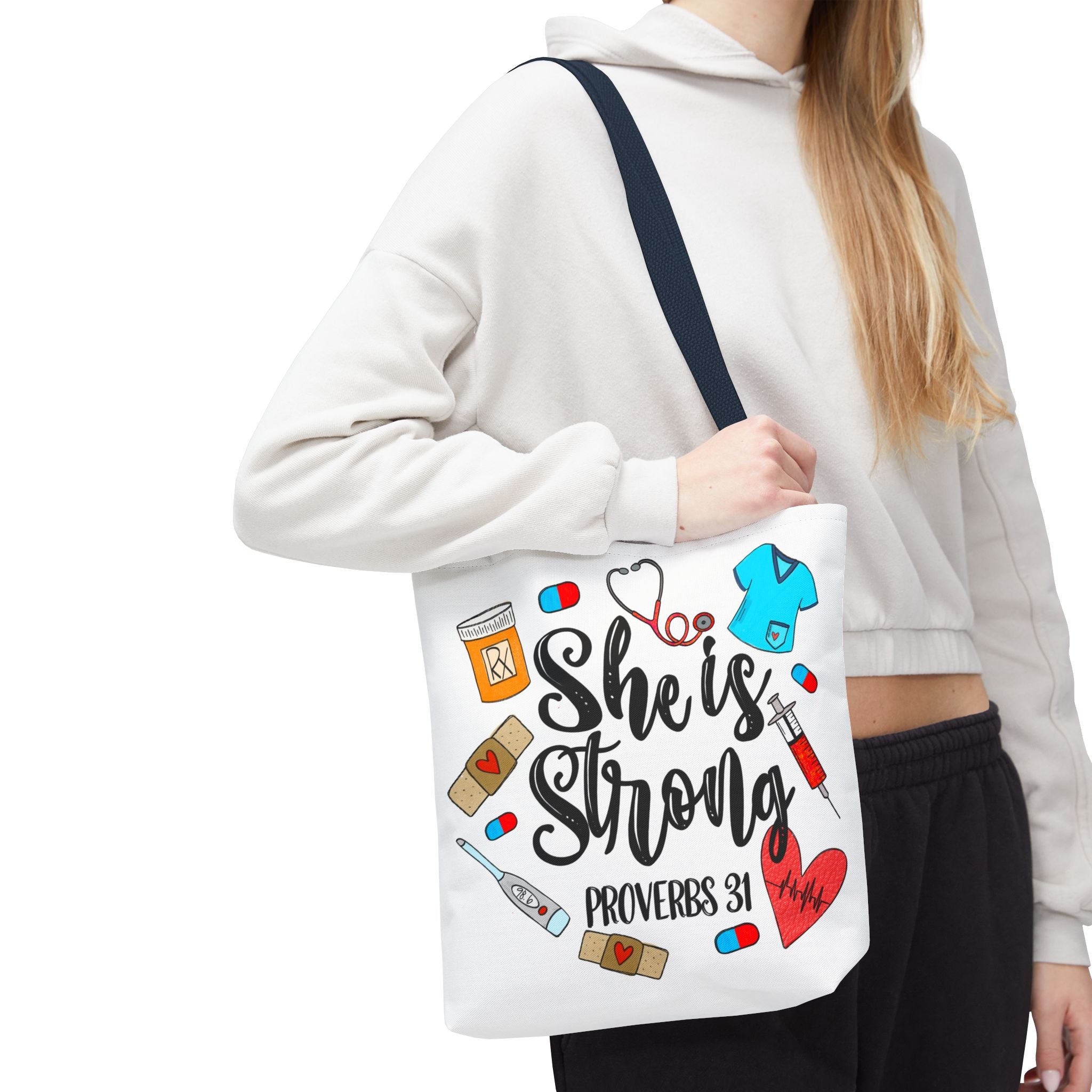 She Is Strong Tote Bag - Proverbs 31 Nurse & Healthcare Inspirational Canvas Tote