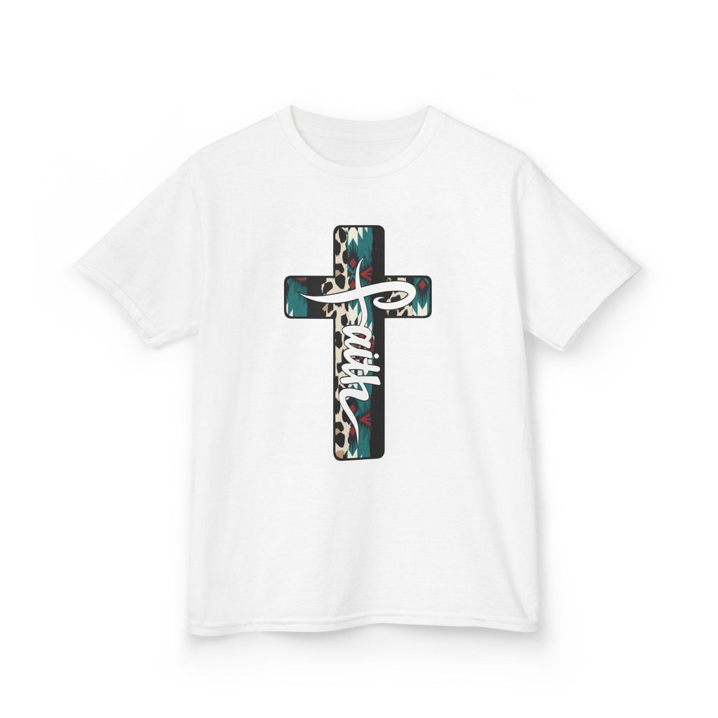 Kids Tee — Turquoise Leopard Cross “Faith” Christian Shirt