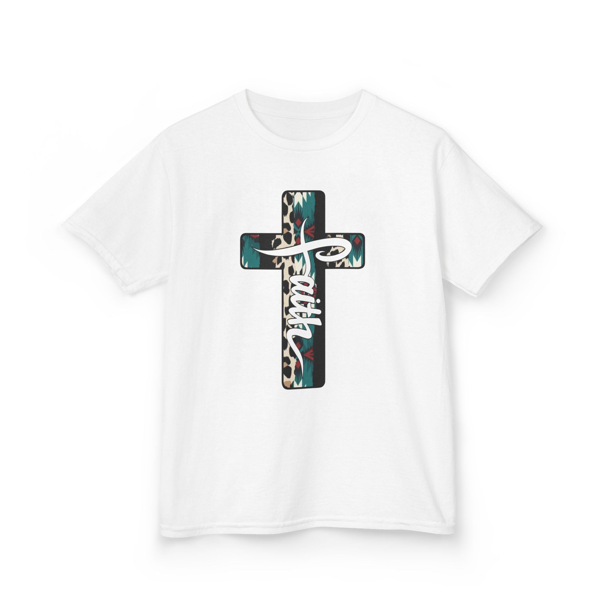 Kids Tee — Turquoise Leopard Cross “Faith” Christian Shirt