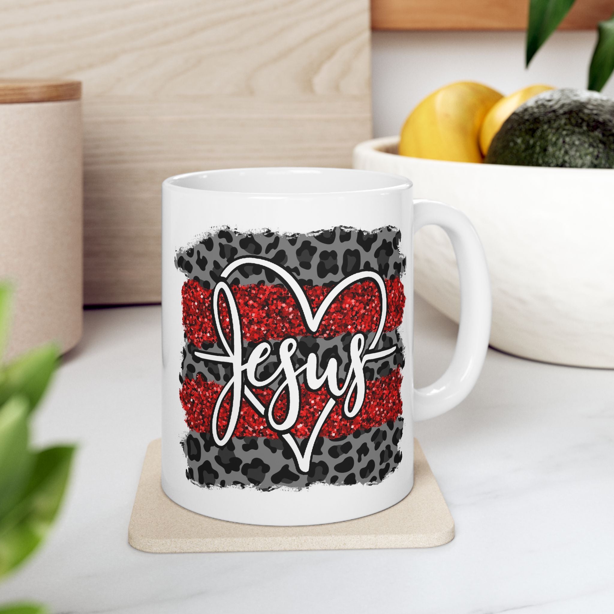 Ceramic Mug - Red Glitter Heart & Leopard Print "Jesus" Design (11oz, 15oz)