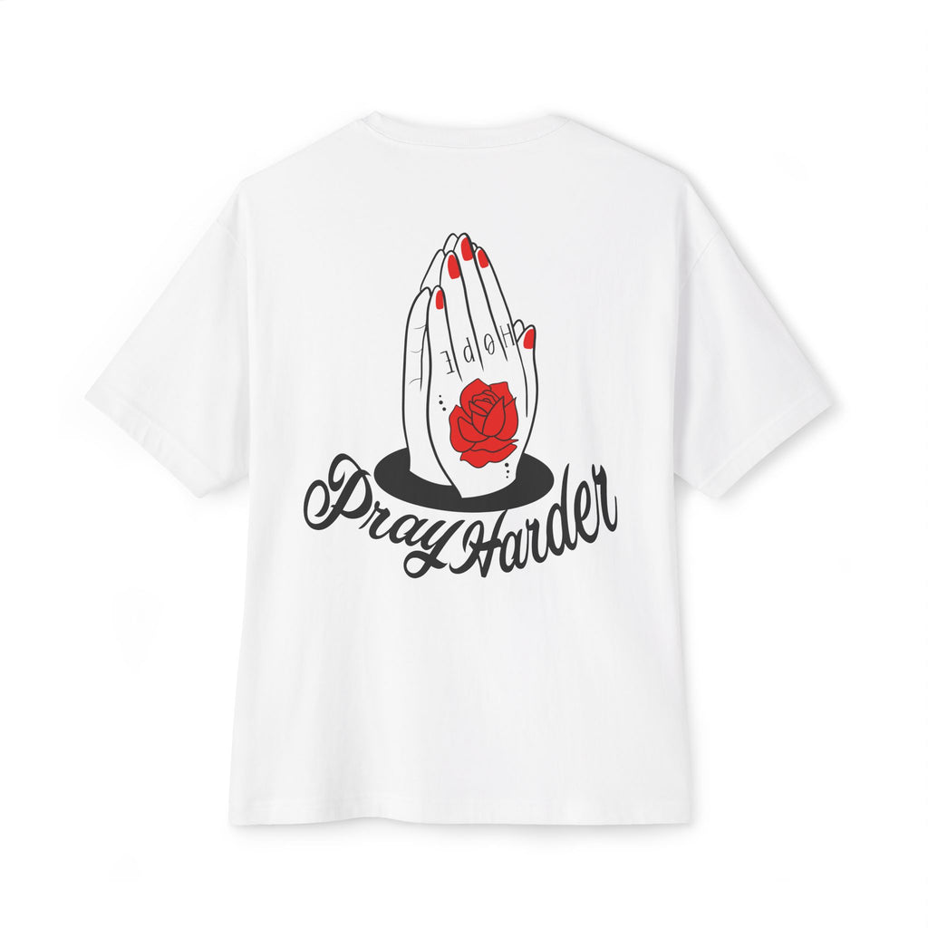 Pray Harder Tee — Rose Praying Hands Graphic Oversized Boxy T‑Shirt