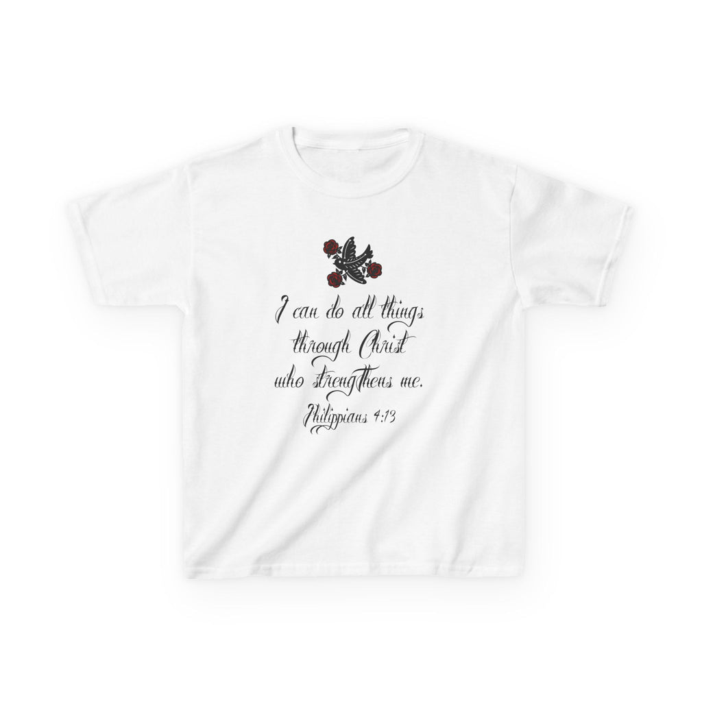 Kids Tee — "I can do all things through Christ" Scripture Floral Christian Shirt