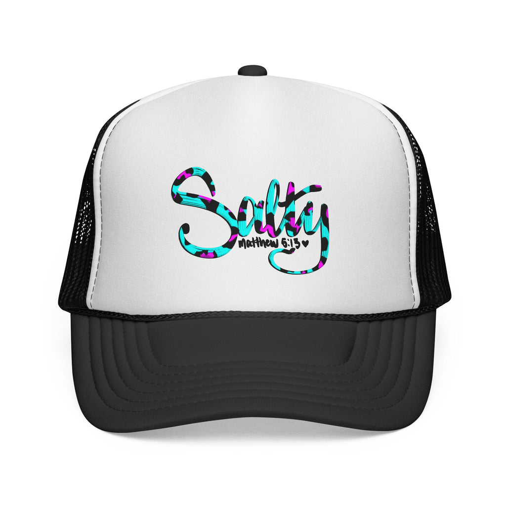 Salty Script Trucker Cap — Colorful Leopard Print Beach Vibe Hat