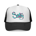 Salty Script Trucker Cap — Colorful Leopard Print Beach Vibe Hat