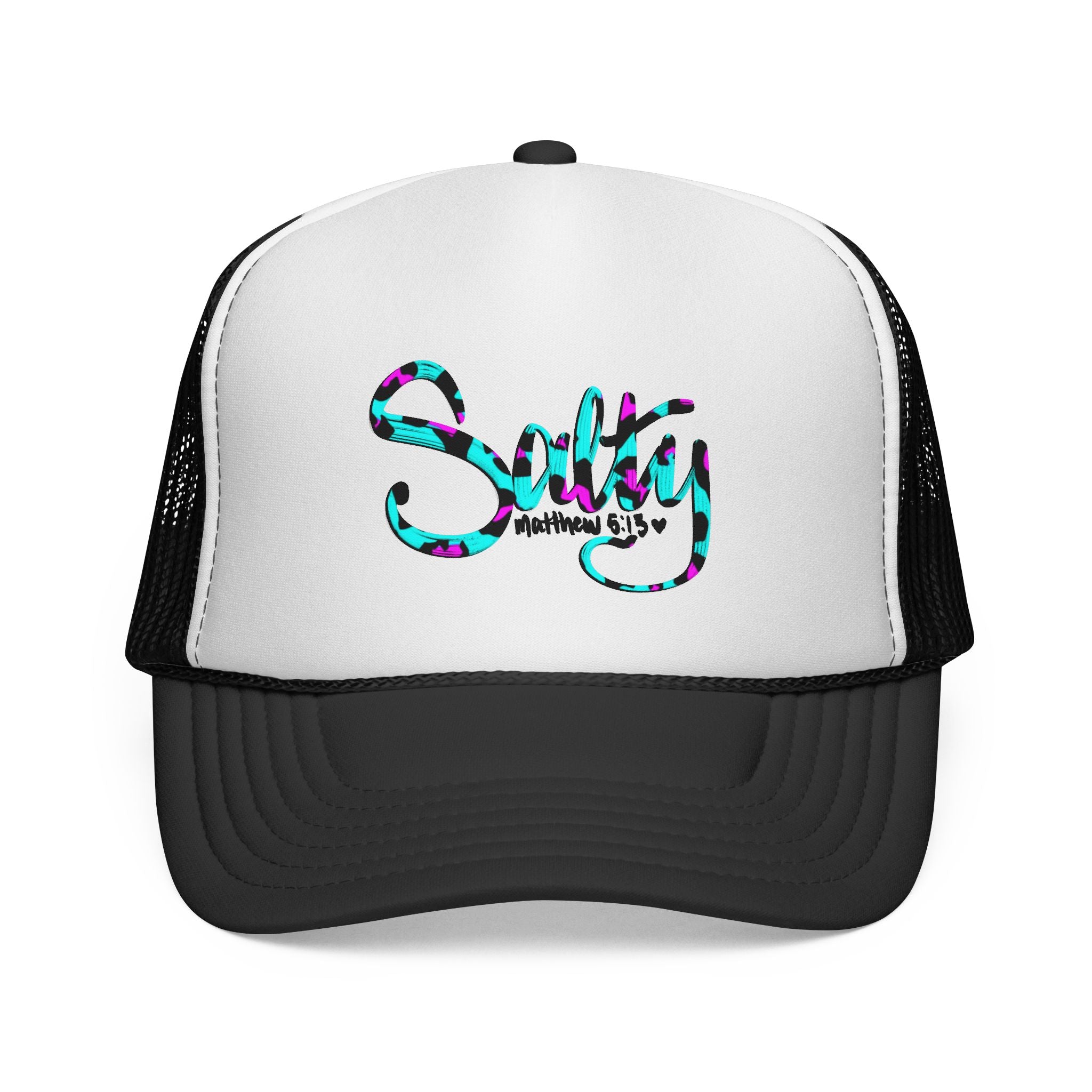 Salty Script Trucker Cap — Colorful Leopard Print Beach Vibe Hat