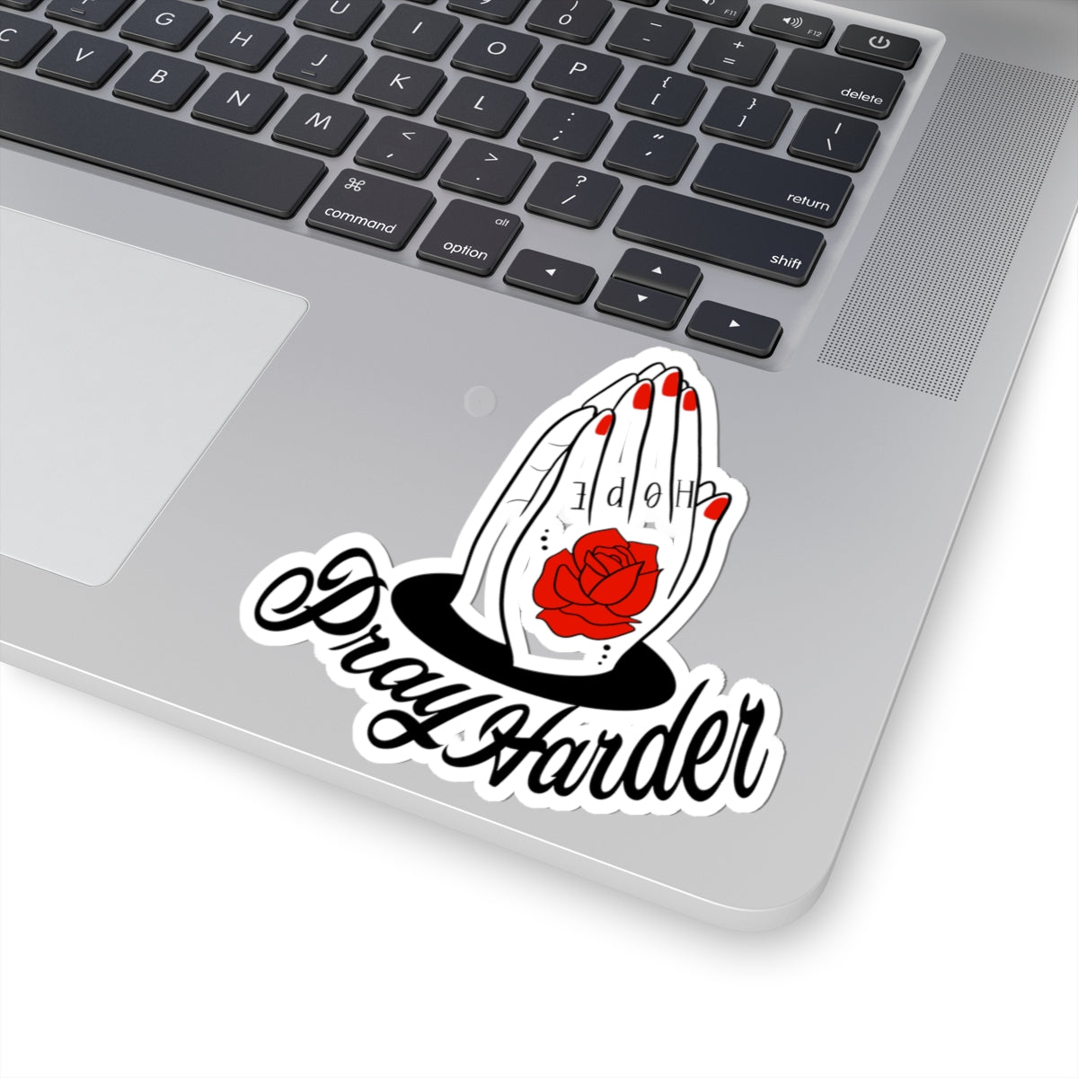 Pray Harder Kiss-Cut Sticker — Red Rose Praying Hands Vinyl Sticker