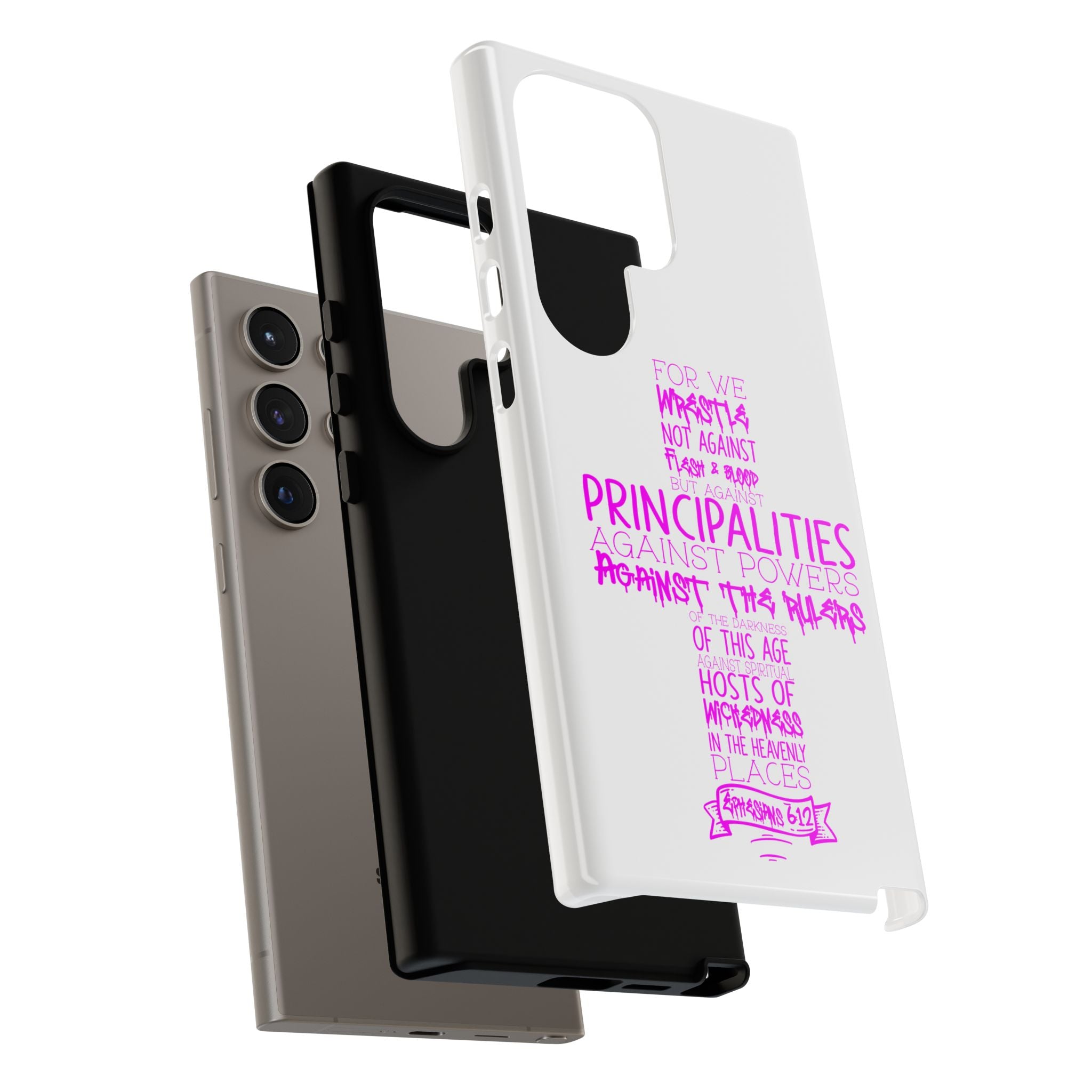 Armor of God Christian Cross Phone Case — Ephesians 6:12 Pink Typography Tough Case