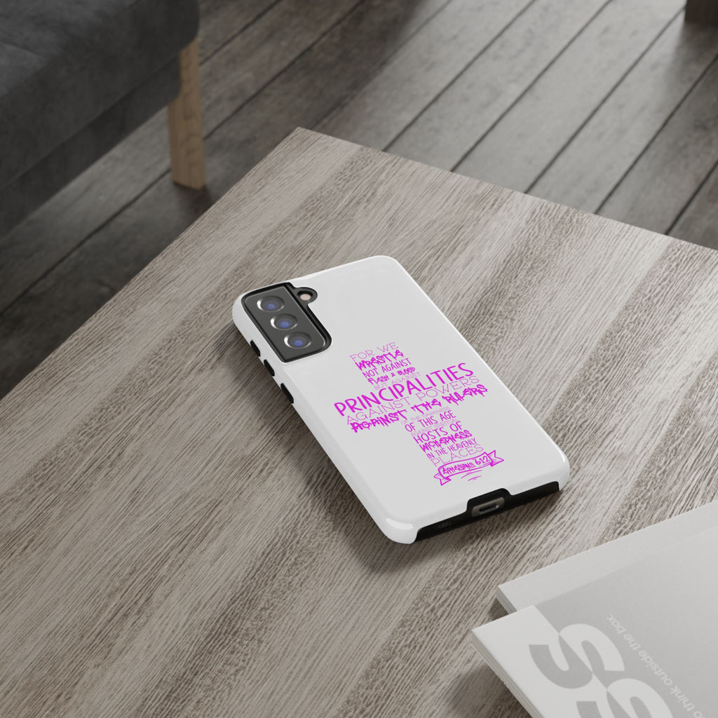 Armor of God Christian Cross Phone Case — Ephesians 6:12 Pink Typography Tough Case