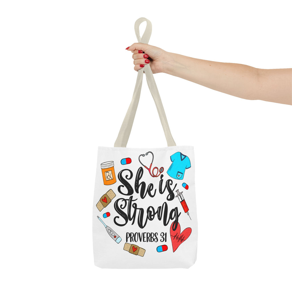 She Is Strong Tote Bag - Proverbs 31 Nurse & Healthcare Inspirational Canvas Tote
