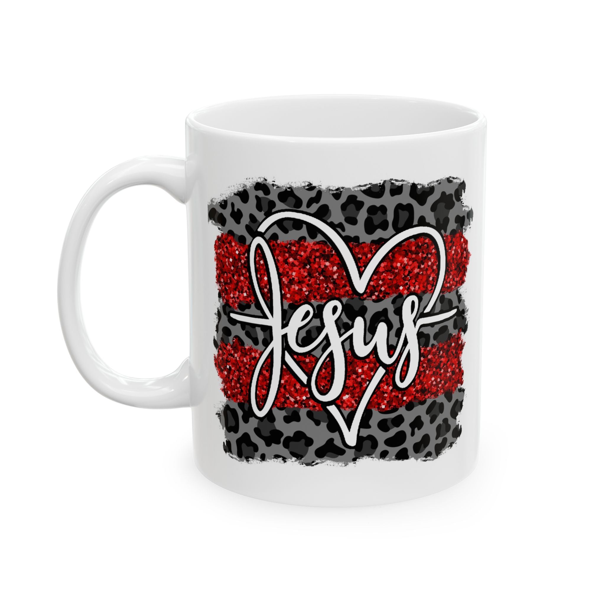 Ceramic Mug - Red Glitter Heart & Leopard Print "Jesus" Design (11oz, 15oz)