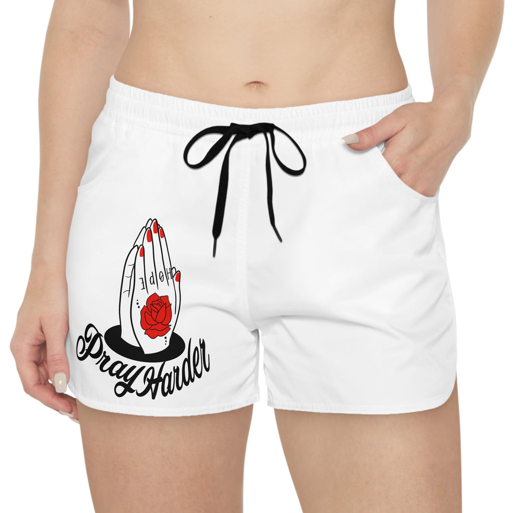 Pray Harder Women's Casual Shorts – Prayer Hands & Rose Graphic