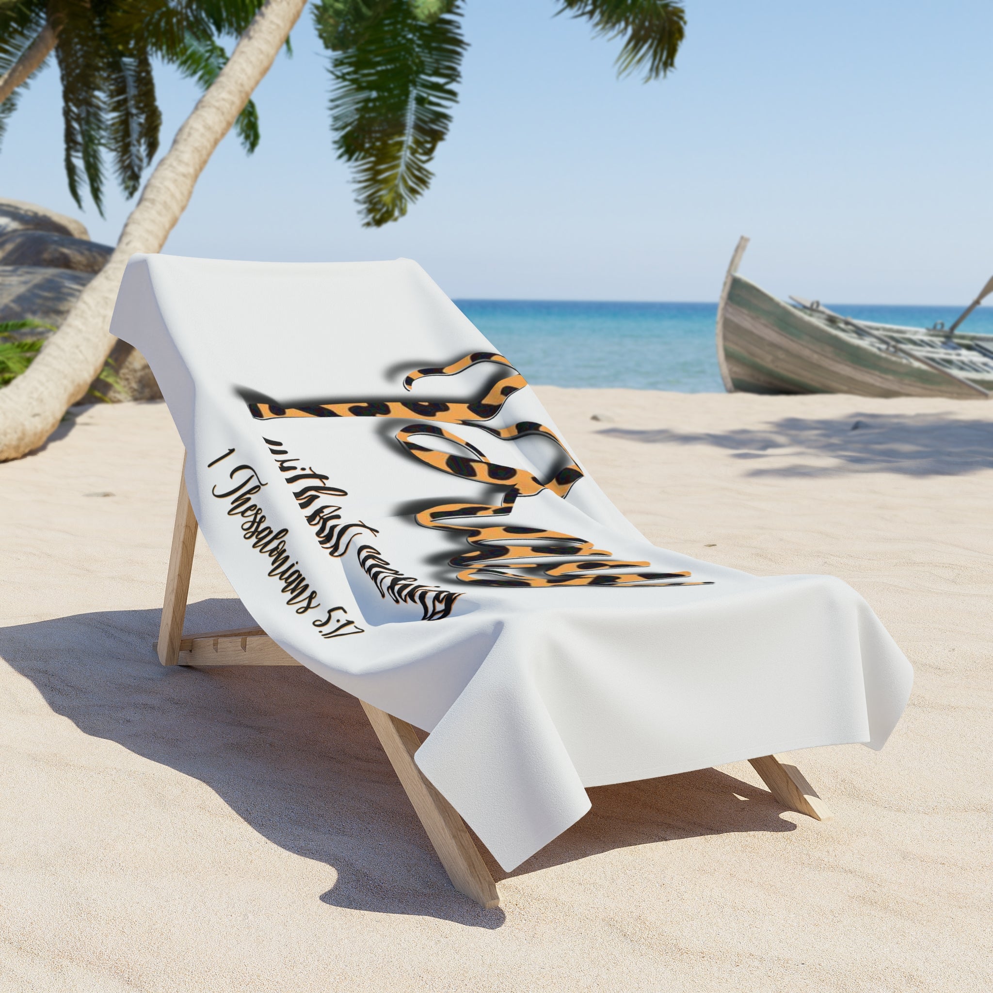 Beach Towel — "Pray Without Ceasing" Leopard Script Christian Beach Towel