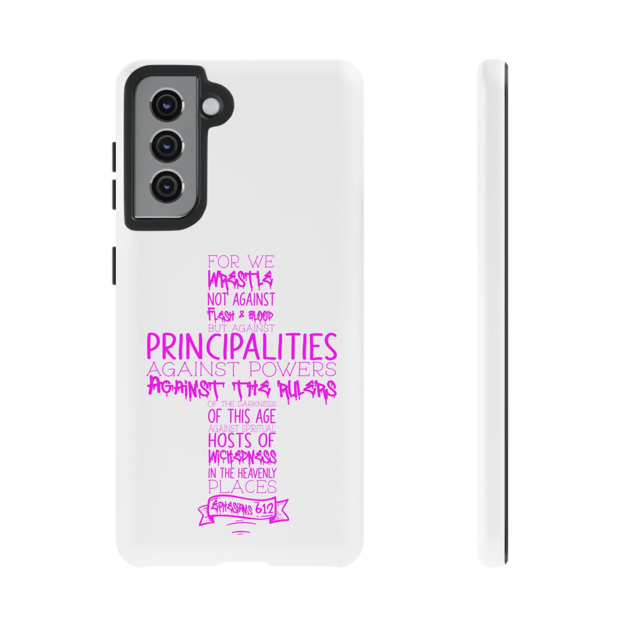 Armor of God Christian Cross Phone Case — Ephesians 6:12 Pink Typography Tough Case