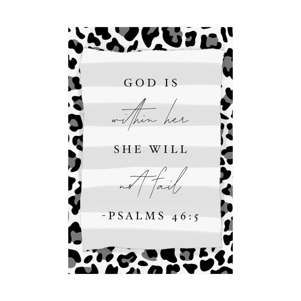 Psalms 46:5 Leopard Border Matte Vertical Poster — "God is within her; she will not fail" Inspirational Wall Art