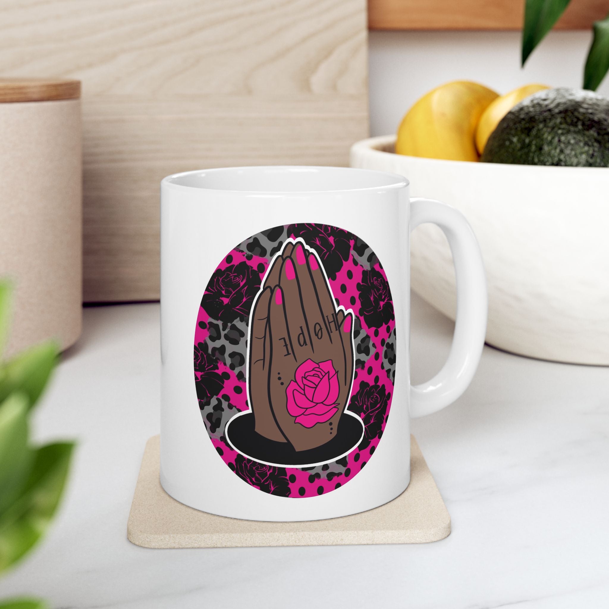 Pink Black Hope Ceramic Mug — Prayer Hands Coffee Cup (11oz & 15oz)