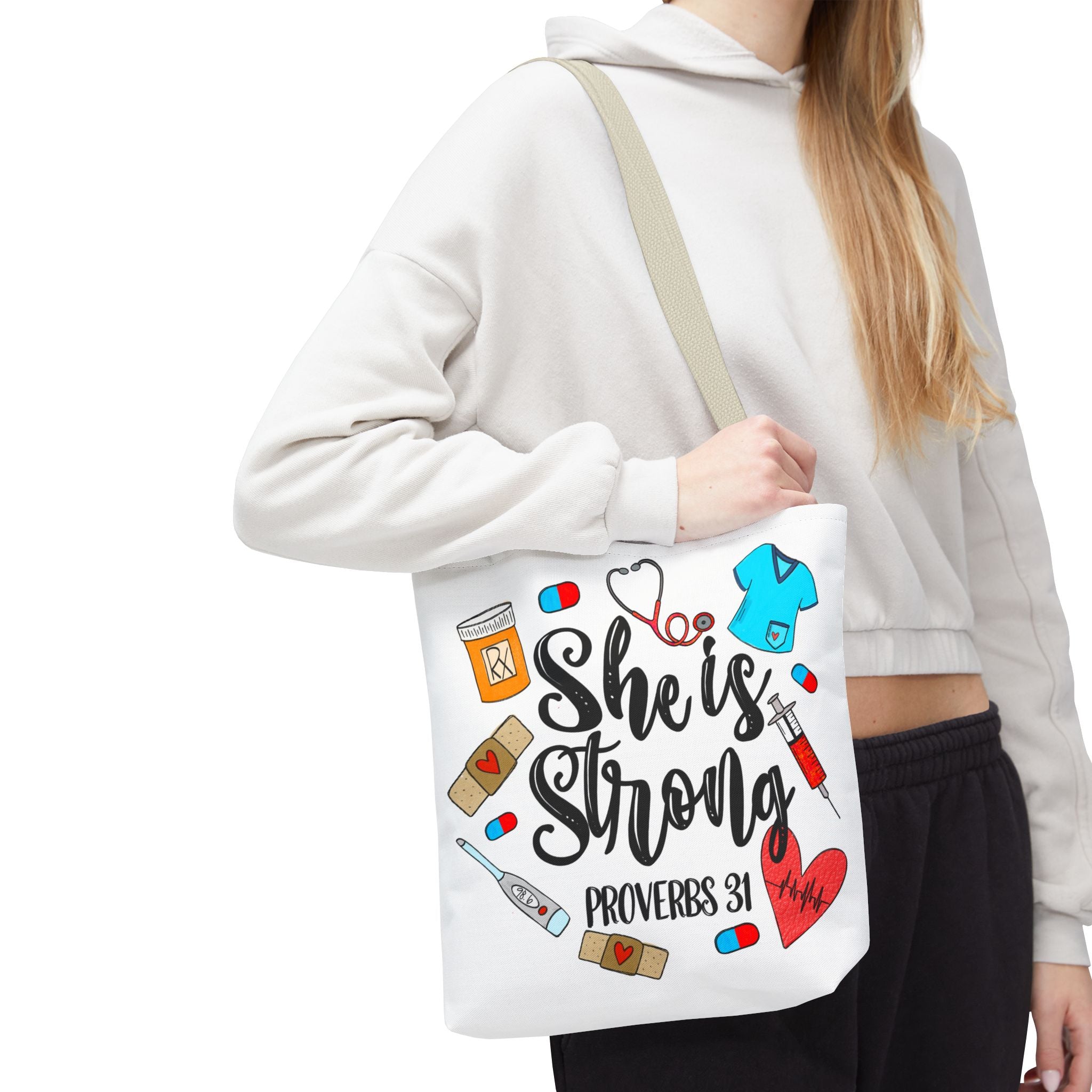She Is Strong Tote Bag - Proverbs 31 Nurse & Healthcare Inspirational Canvas Tote