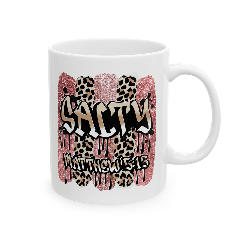 Salty Matthew 5:13 Ceramic Mug — Bible Verse Leopard & Pink Glitter Graphic Coffee Cup (11oz/15oz)